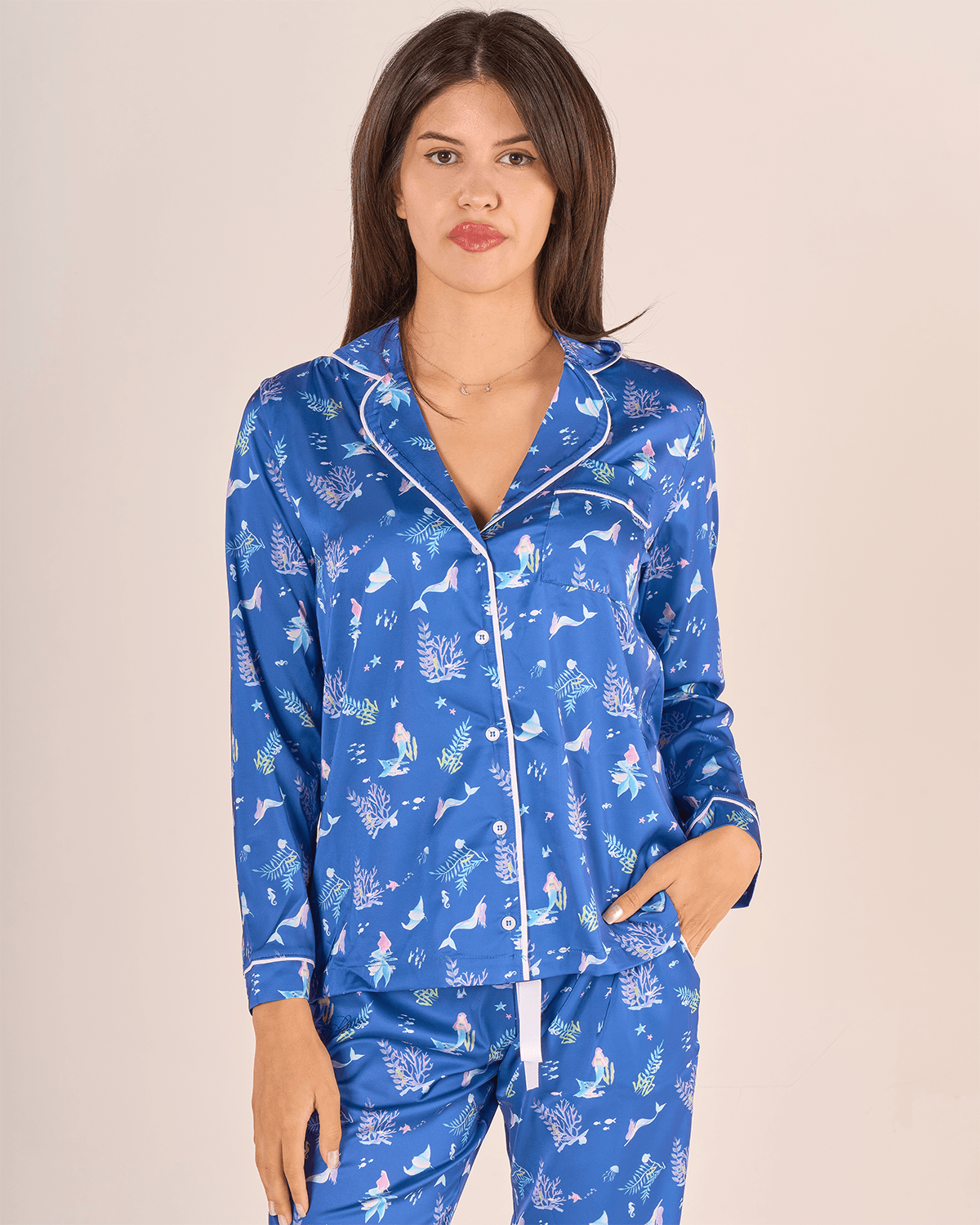 Deniz Kızı Temalı Gömlek Düğmeli Pijama Takımı - Uzun