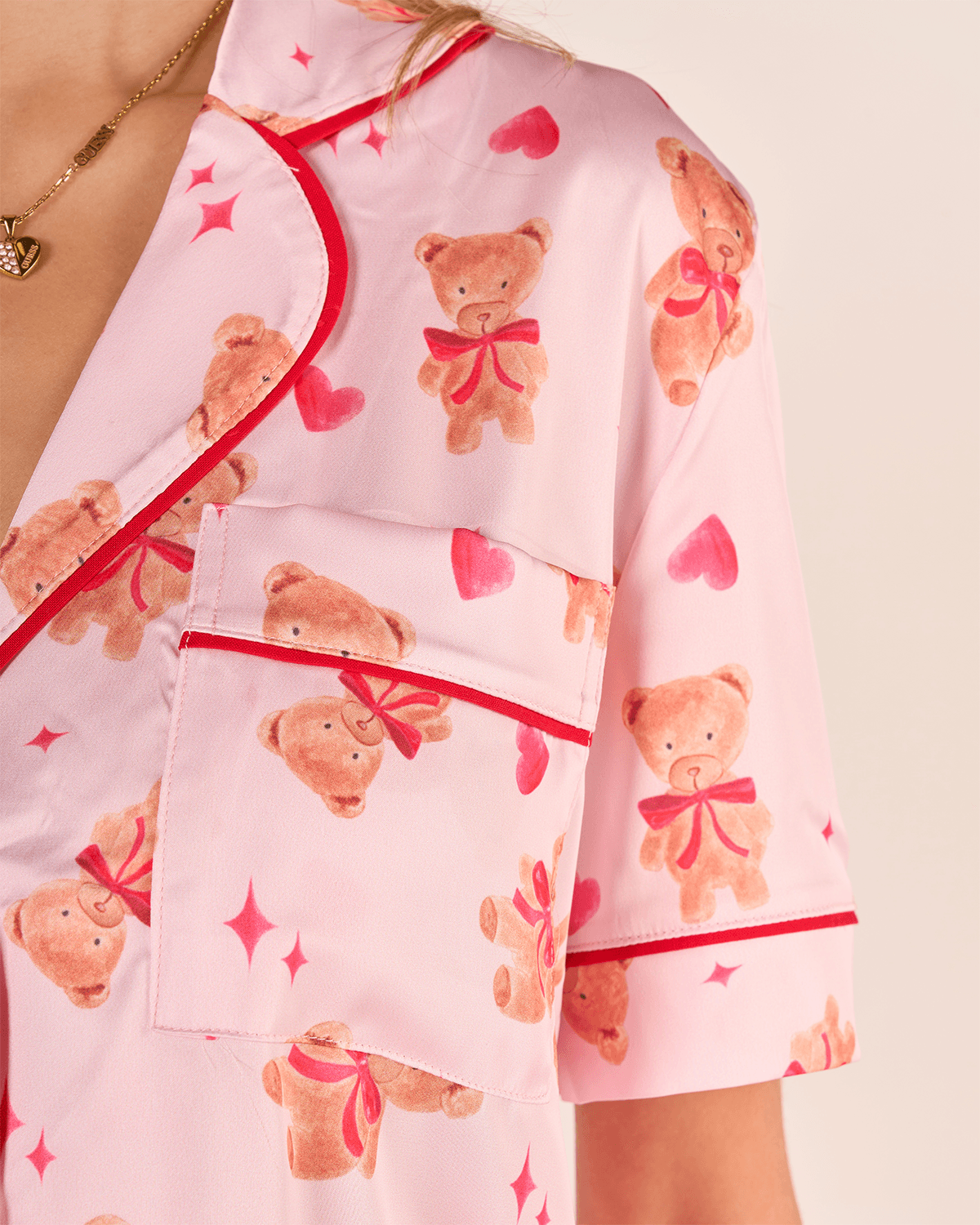 Ayıcık Desenli Gömlek Düğmeli Pijama Takımı - Kısa