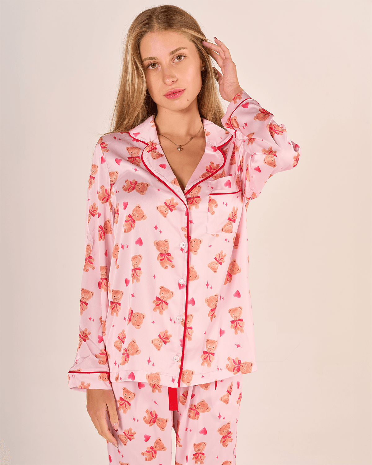 Ayıcık Desenli Gömlek Düğmeli Pijama Takımı - Uzun