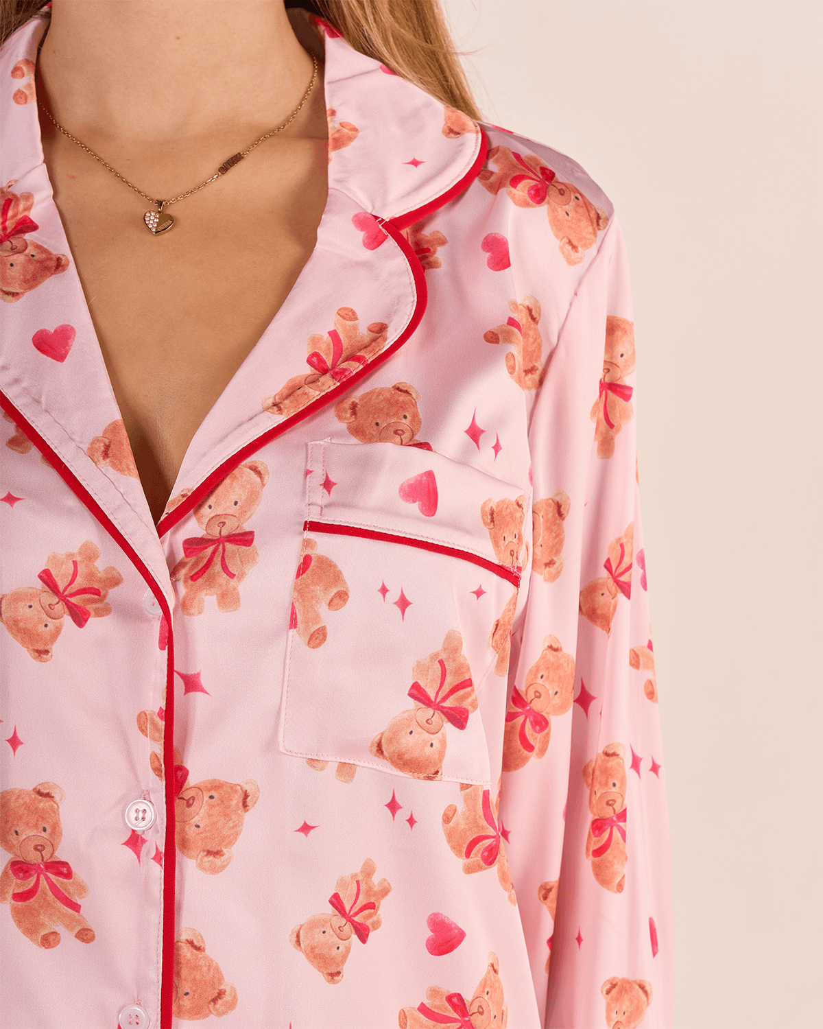 Ayıcık Desenli Gömlek Düğmeli Pijama Takımı - Uzun