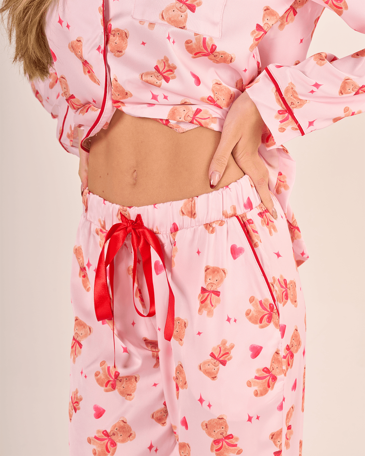 Ayıcık Desenli Gömlek Düğmeli Pijama Takımı - Uzun