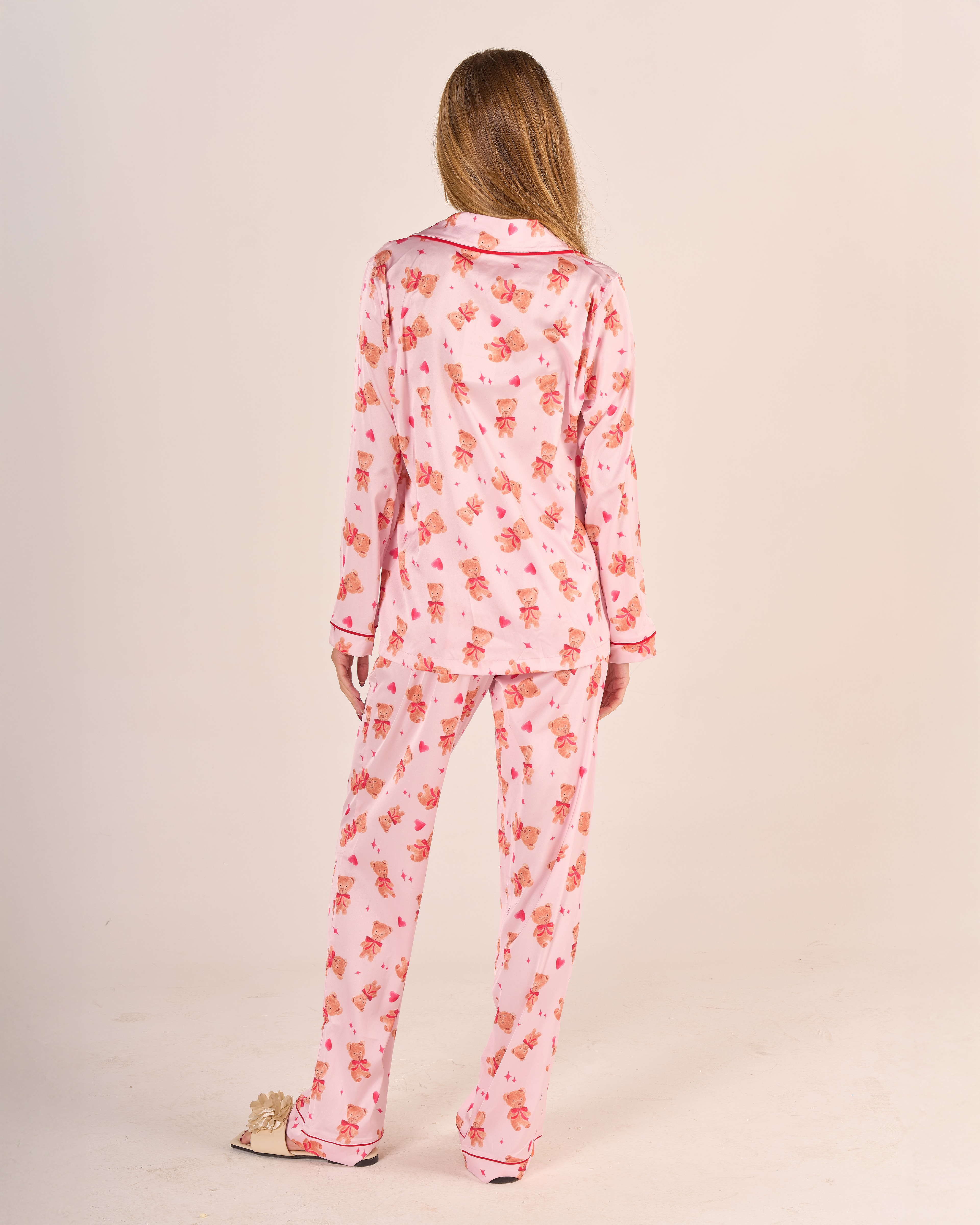 Ayıcık Desenli Gömlek Düğmeli Pijama Takımı - Uzun