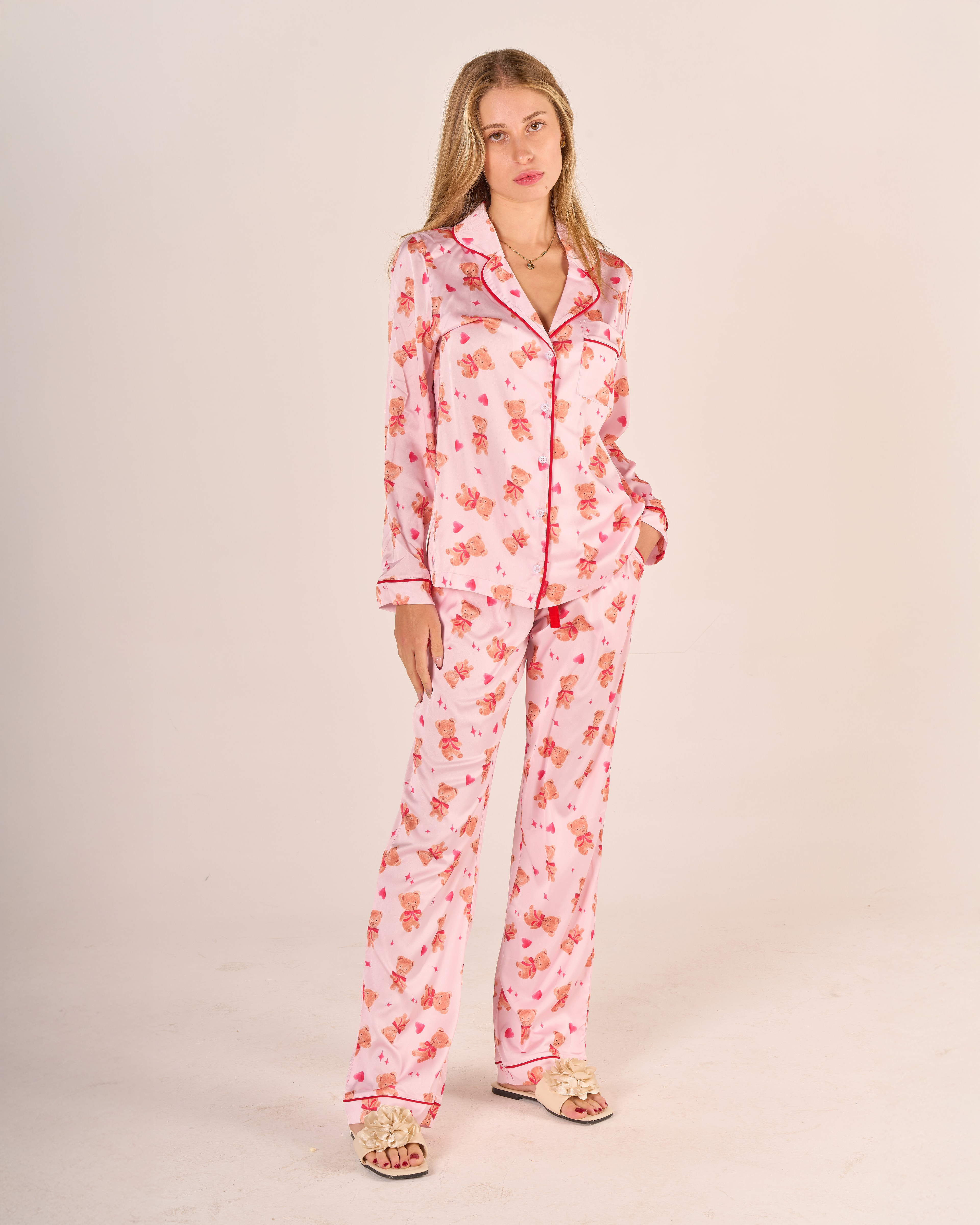 Ayıcık Desenli Gömlek Düğmeli Pijama Takımı - Uzun