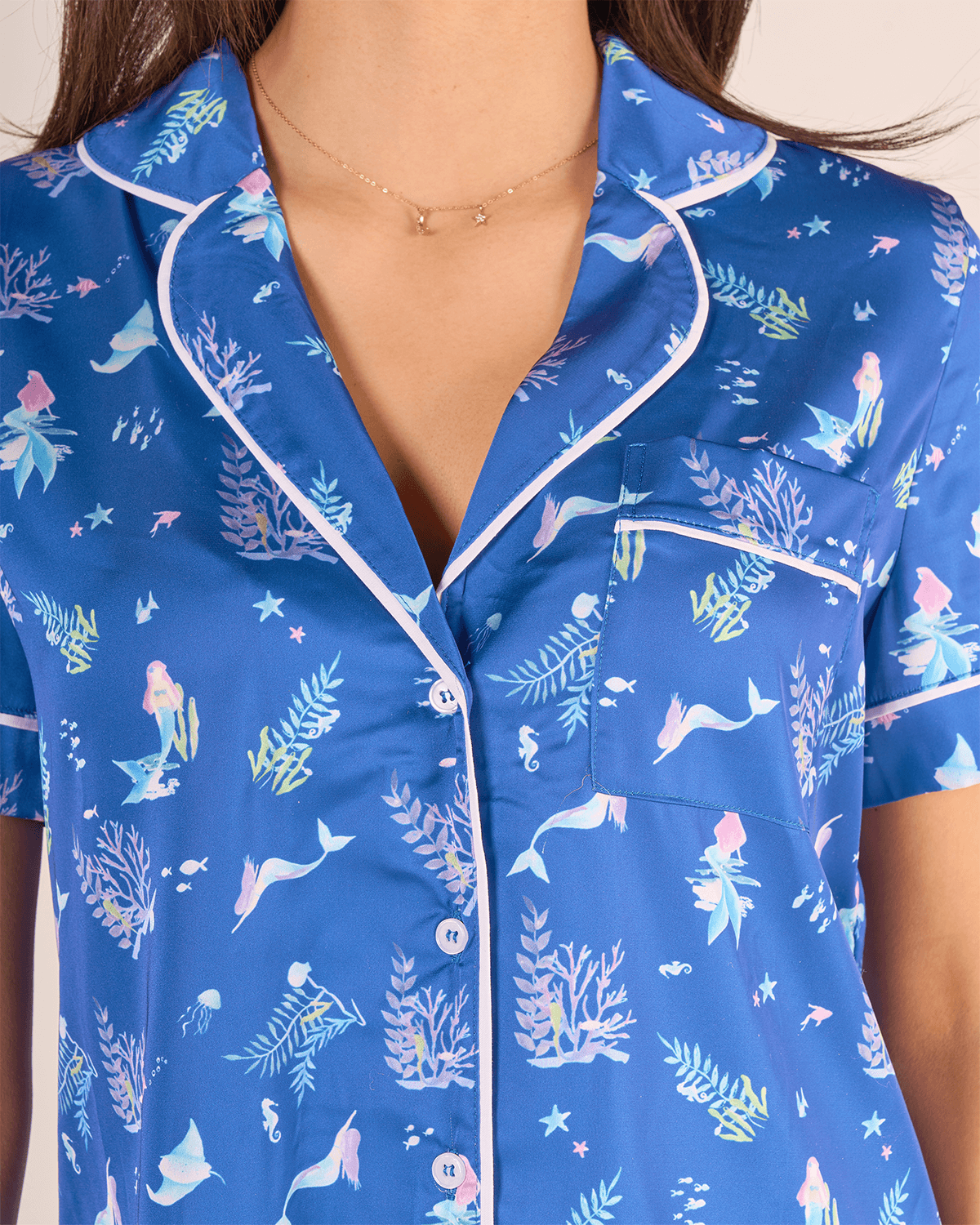 Deniz Kızı Temalı Gömlek Düğmeli Pijama Takımı - Kısa