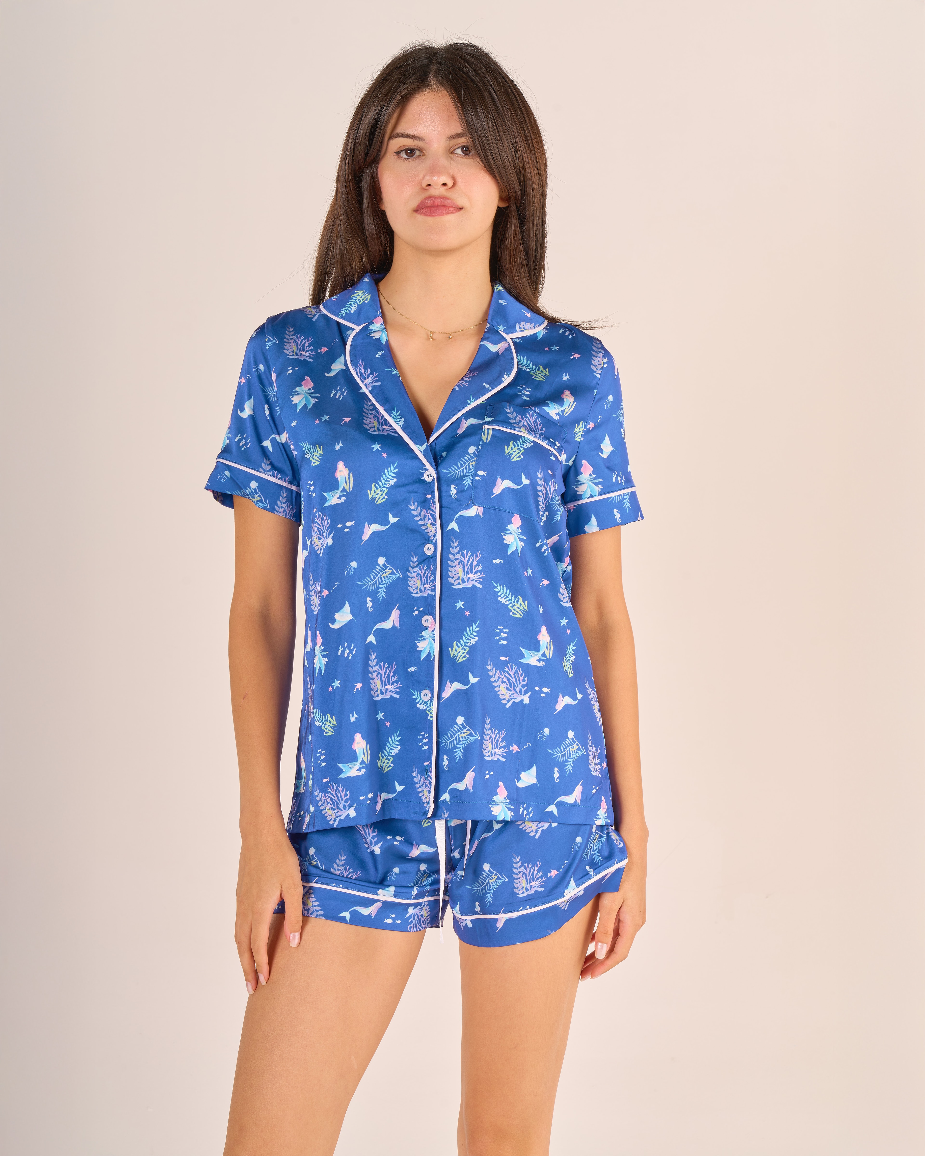 Deniz Kızı Temalı Gömlek Düğmeli Pijama Takımı - Kısa