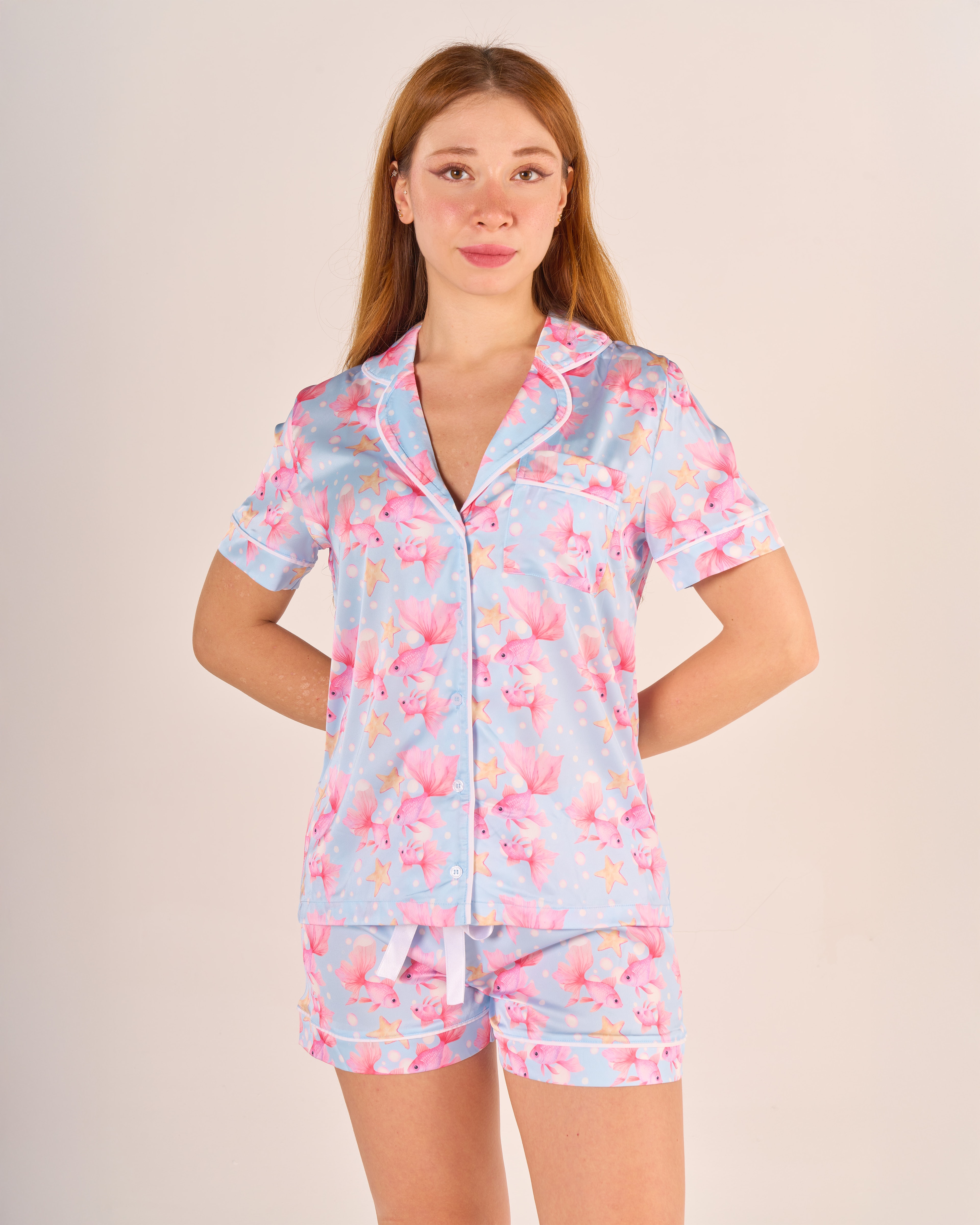 Mavi Balık Desenli Gömlek Düğmeli Pijama Takımı - Kısa