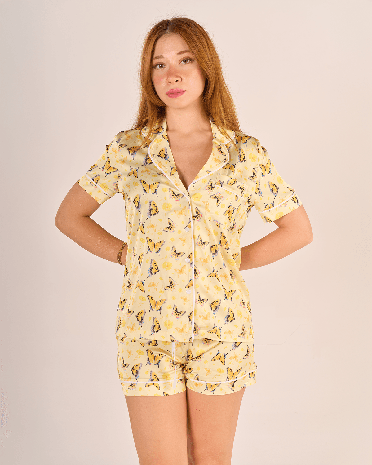 Lady&Macha Kelebekleri | Sarı Kelebek Pijama Takımı - Kısa
