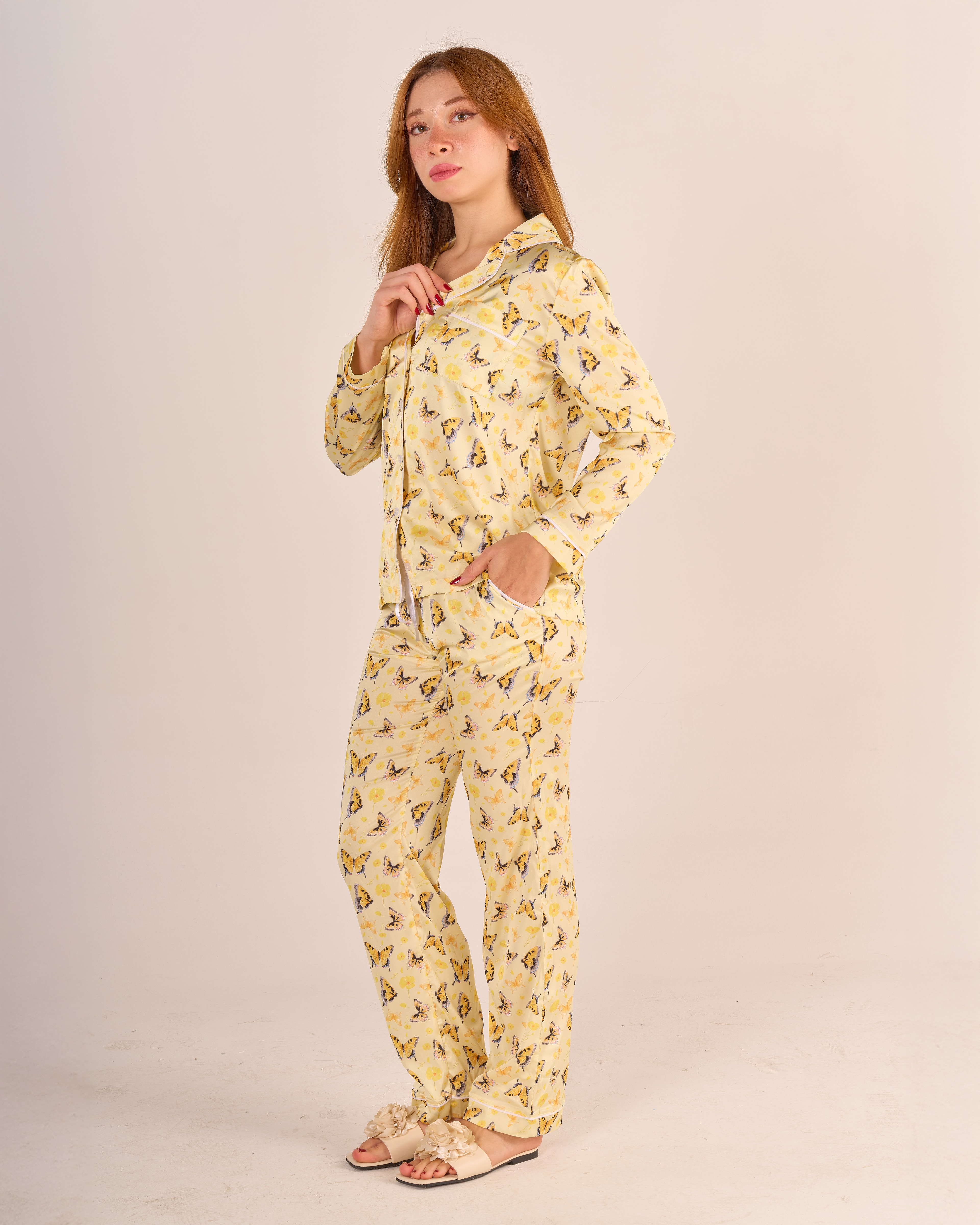 Lady&Macha Kelebekleri | Sarı Kelebek Pijama Takımı - Uzun