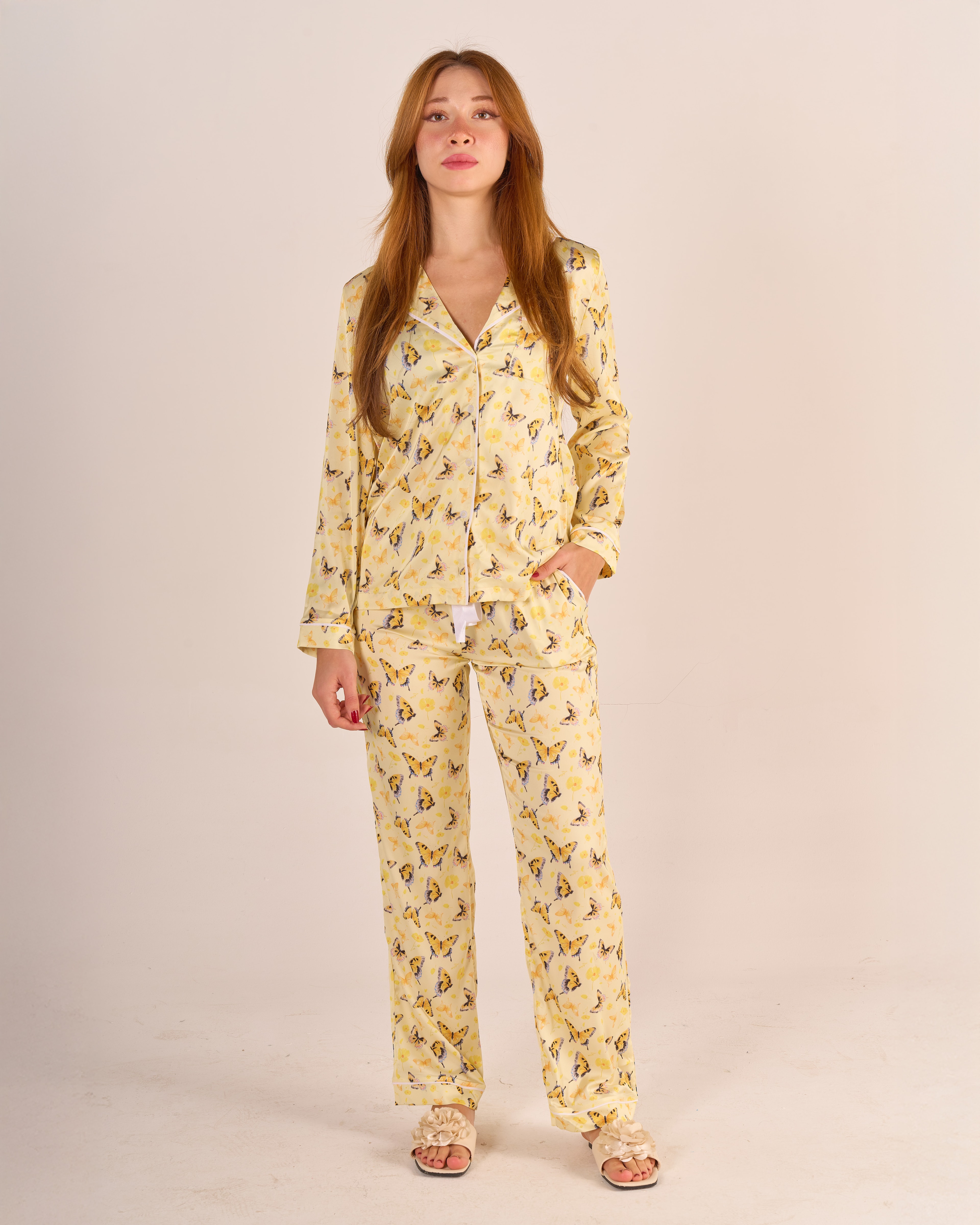 Lady&Macha Kelebekleri | Sarı Kelebek Pijama Takımı - Uzun