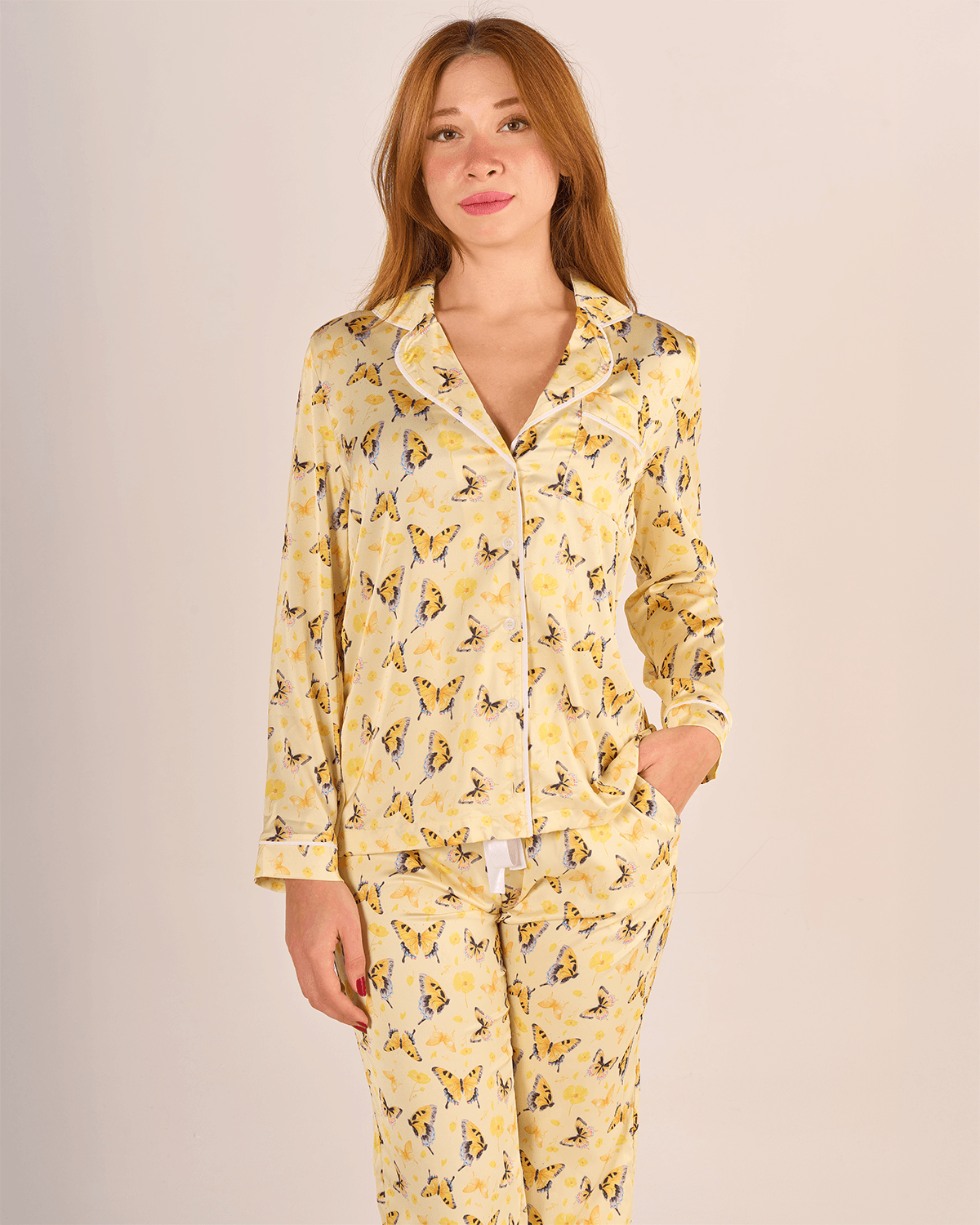 Lady&Macha Kelebekleri | Sarı Kelebek Pijama Takımı - Uzun