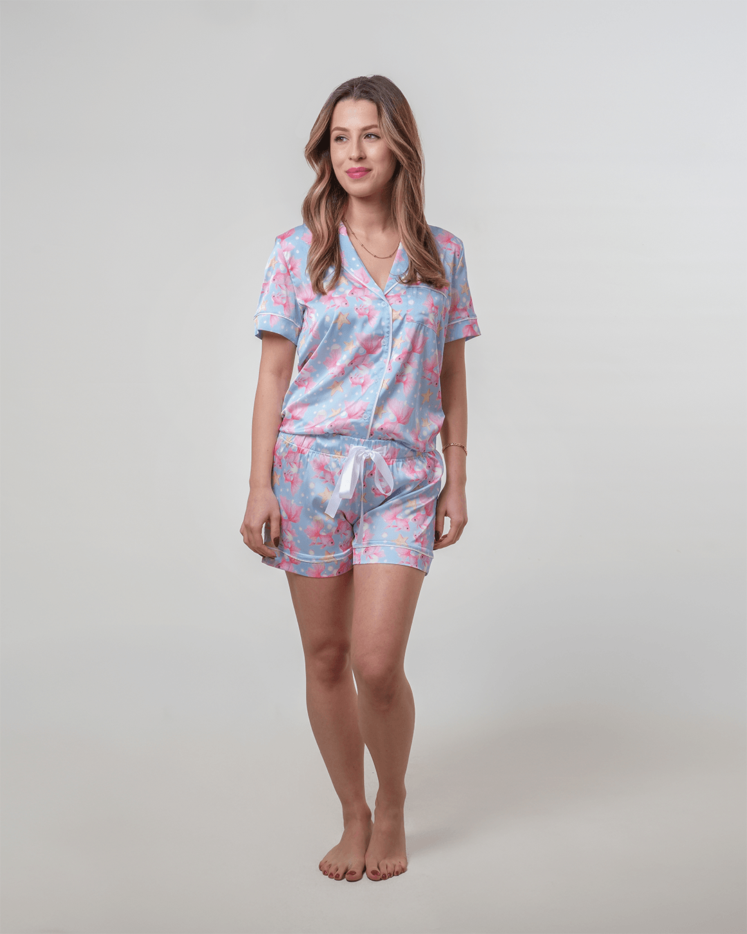 Balık Desenli Gömlek Düğmeli Pijama Takımı - Kısa