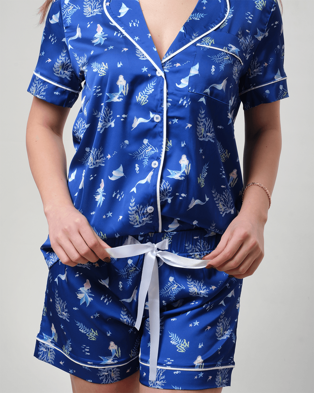 Deniz Kızı Temalı Gömlek Düğmeli Pijama Takımı - Kısa