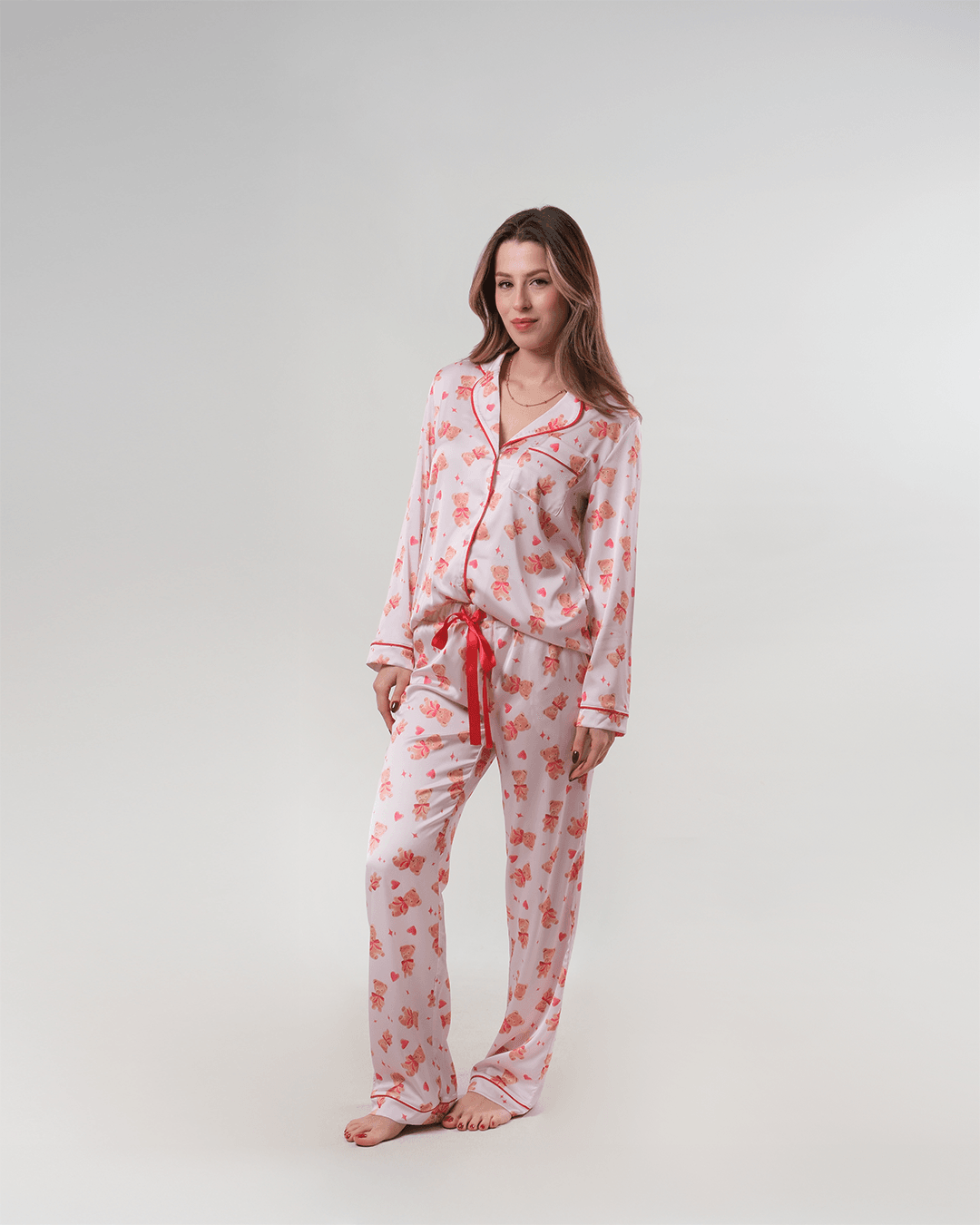 Ayıcık Desenli Gömlek Düğmeli Pijama Takımı - Uzun