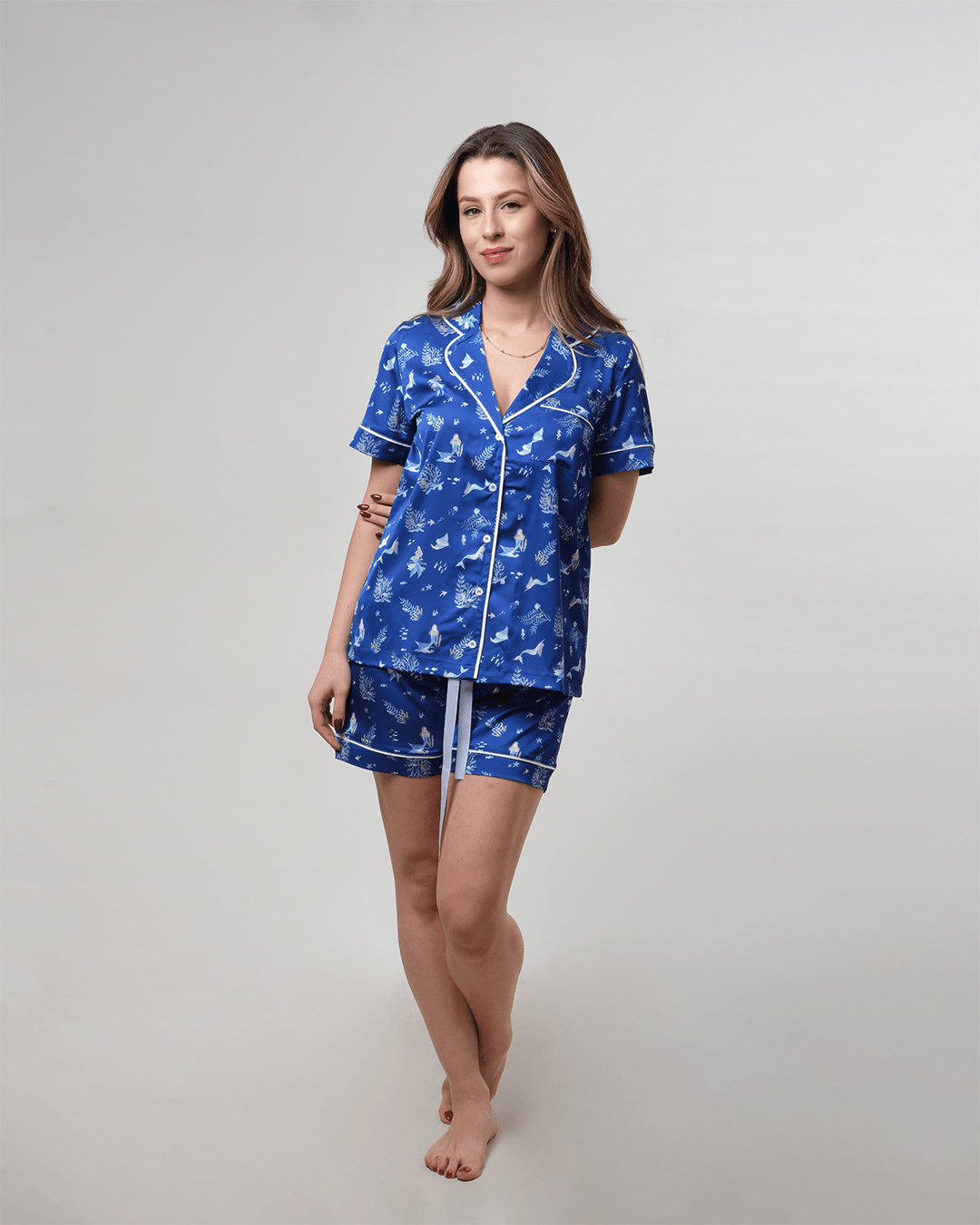 Deniz Kızı Temalı Gömlek Düğmeli Pijama Takımı - Kısa