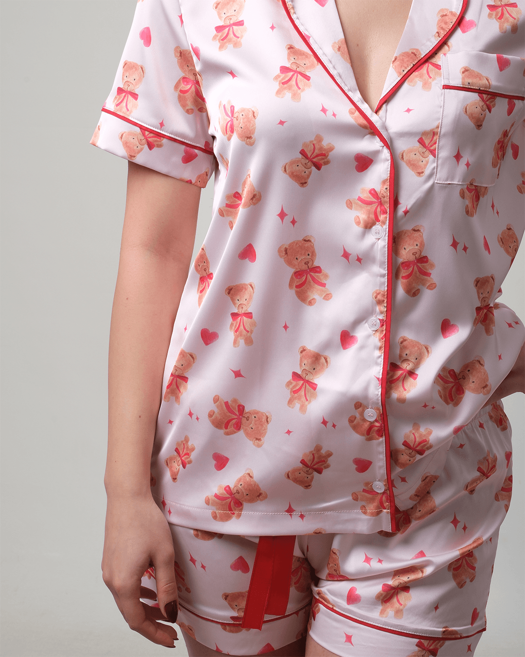 Ayıcık Desenli Gömlek Düğmeli Pijama Takımı