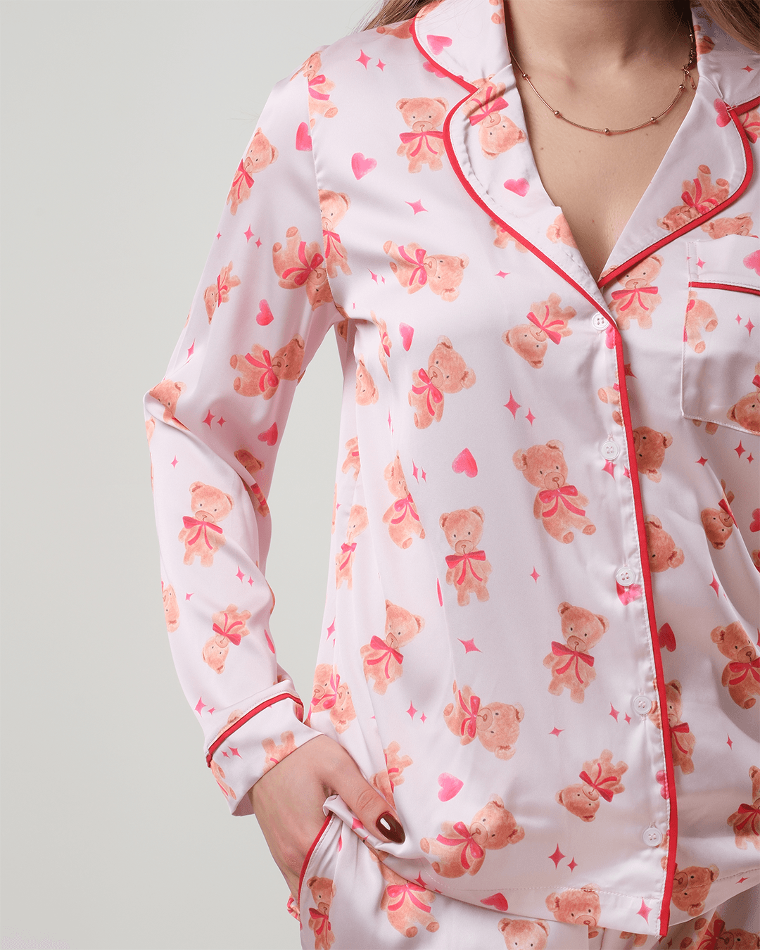 Ayıcık Desenli Gömlek Düğmeli Pijama Takımı