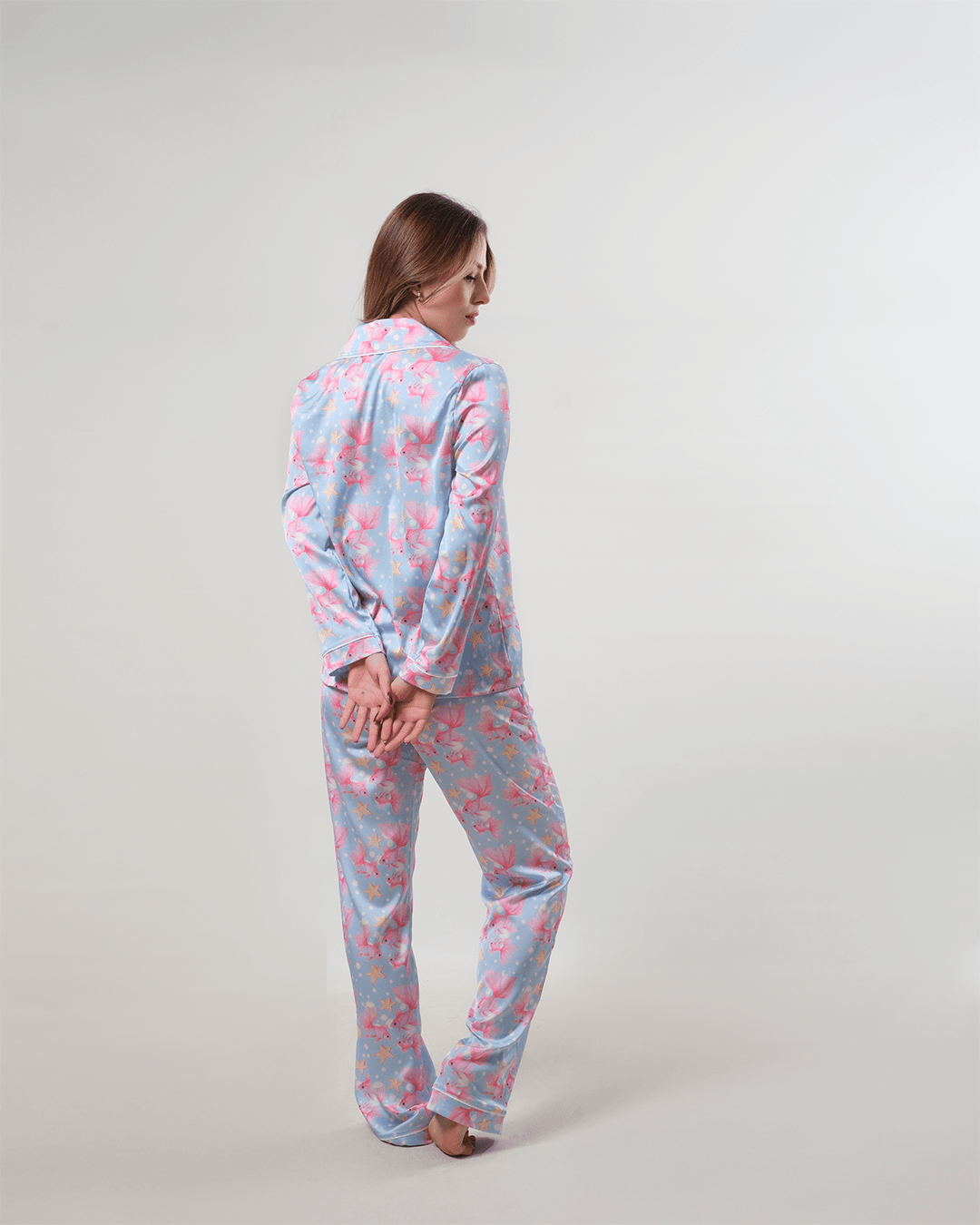 Balık Desenli Gömlek Düğmeli Pijama Takımı - Uzun