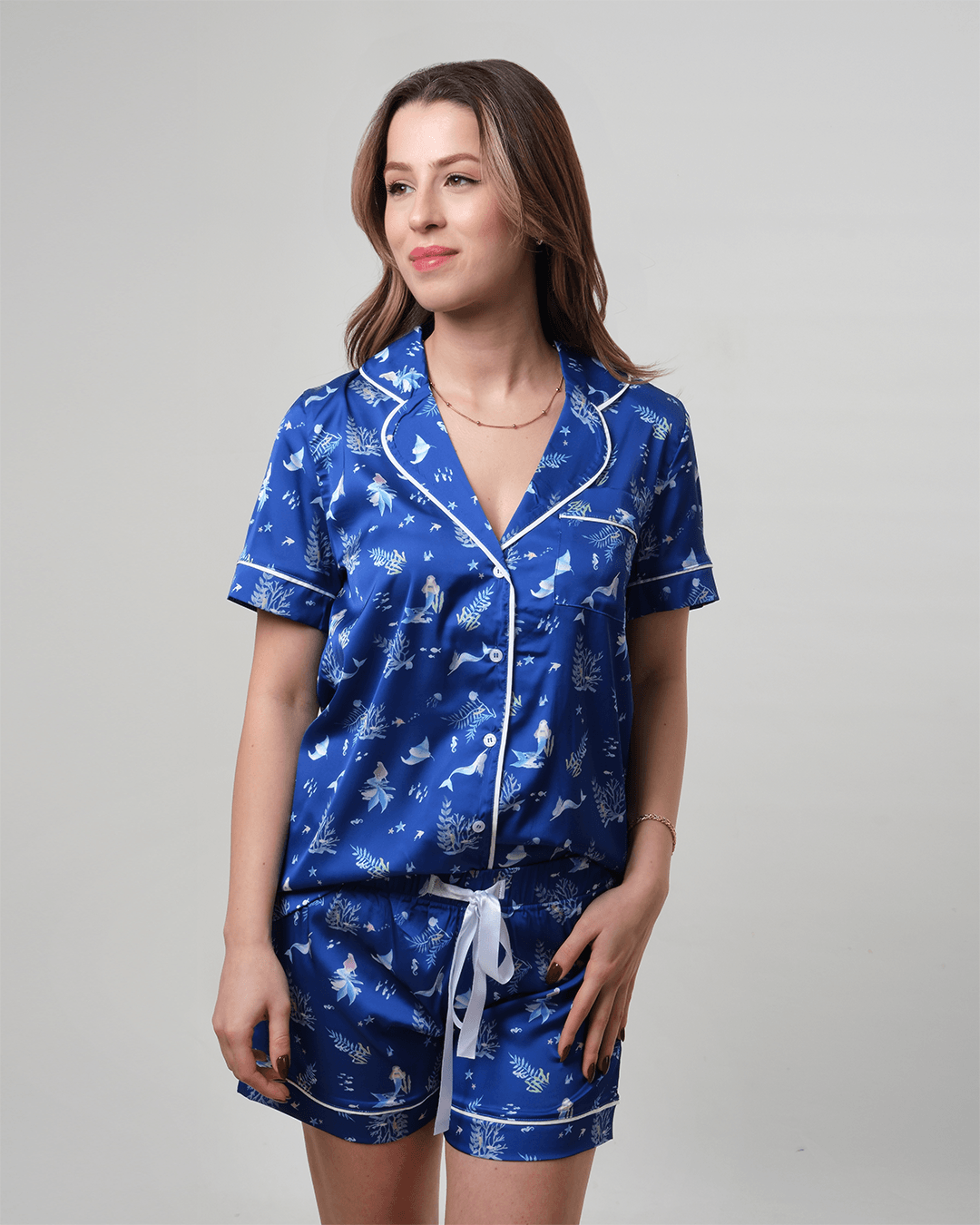 Deniz Kızı Temalı Gömlek Düğmeli Pijama Takımı - Kısa