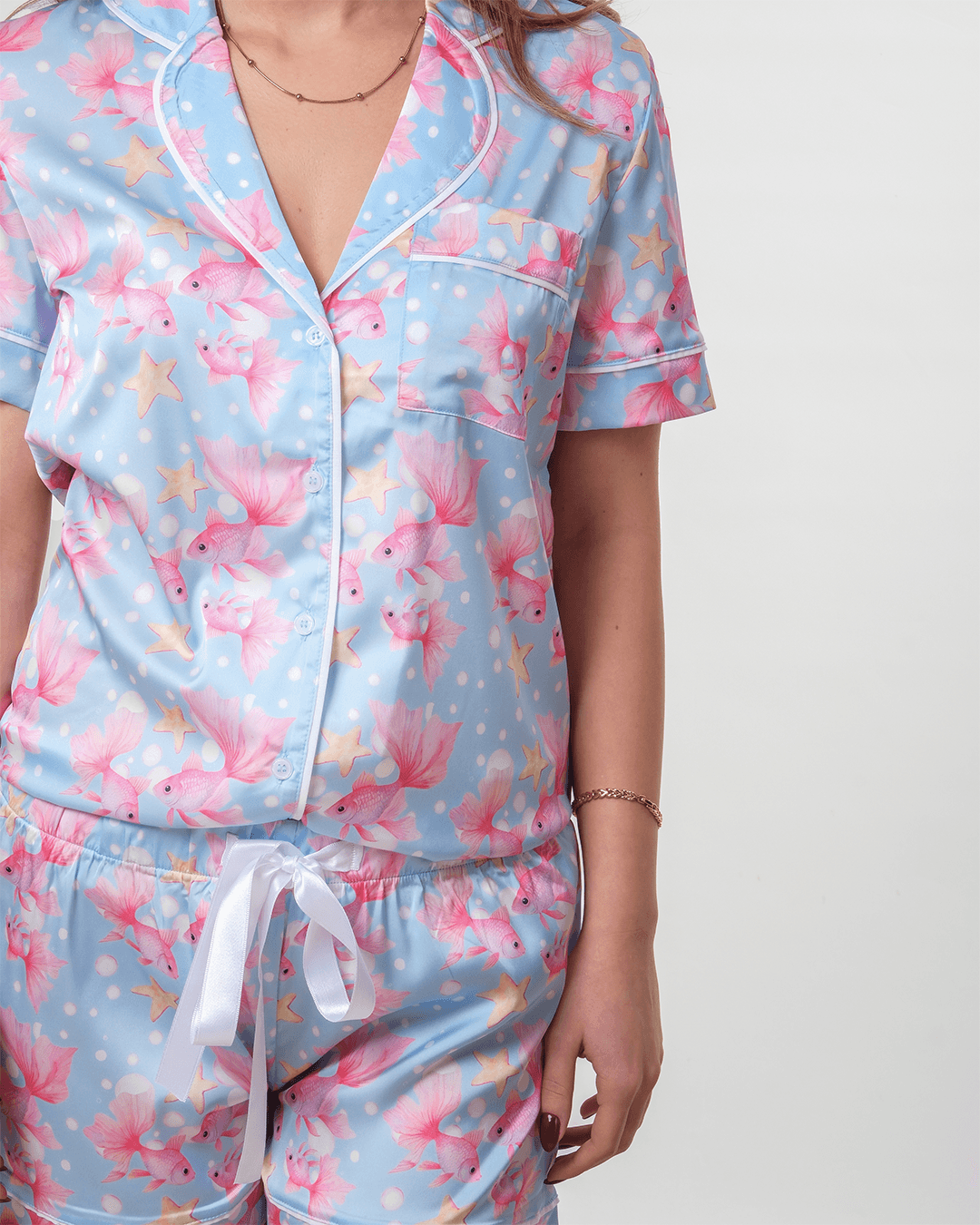 Balık Desenli Gömlek Düğmeli Pijama Takımı - Kısa