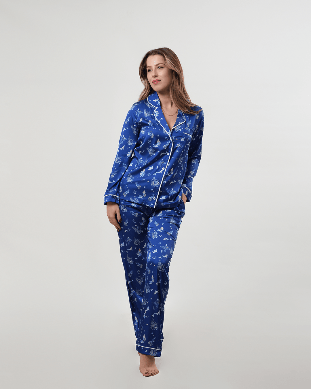 Deniz Kızı Temalı Gömlek Düğmeli Pijama Takımı - Uzun