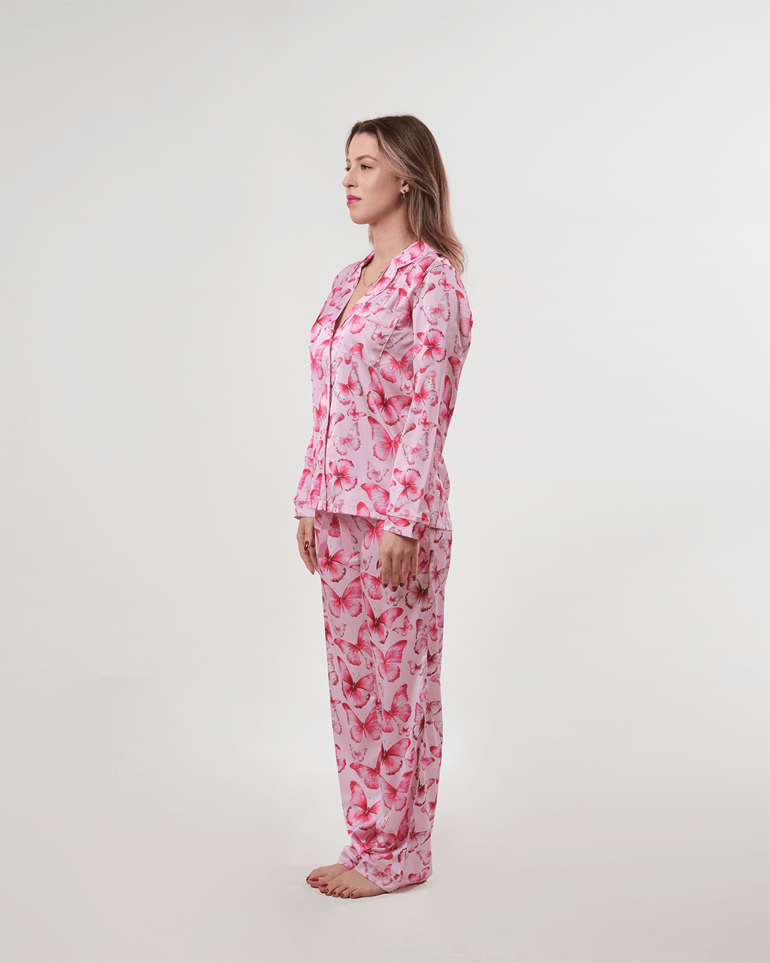 Pembe Kelebek Desenli Düğmeli Pijama Takımı