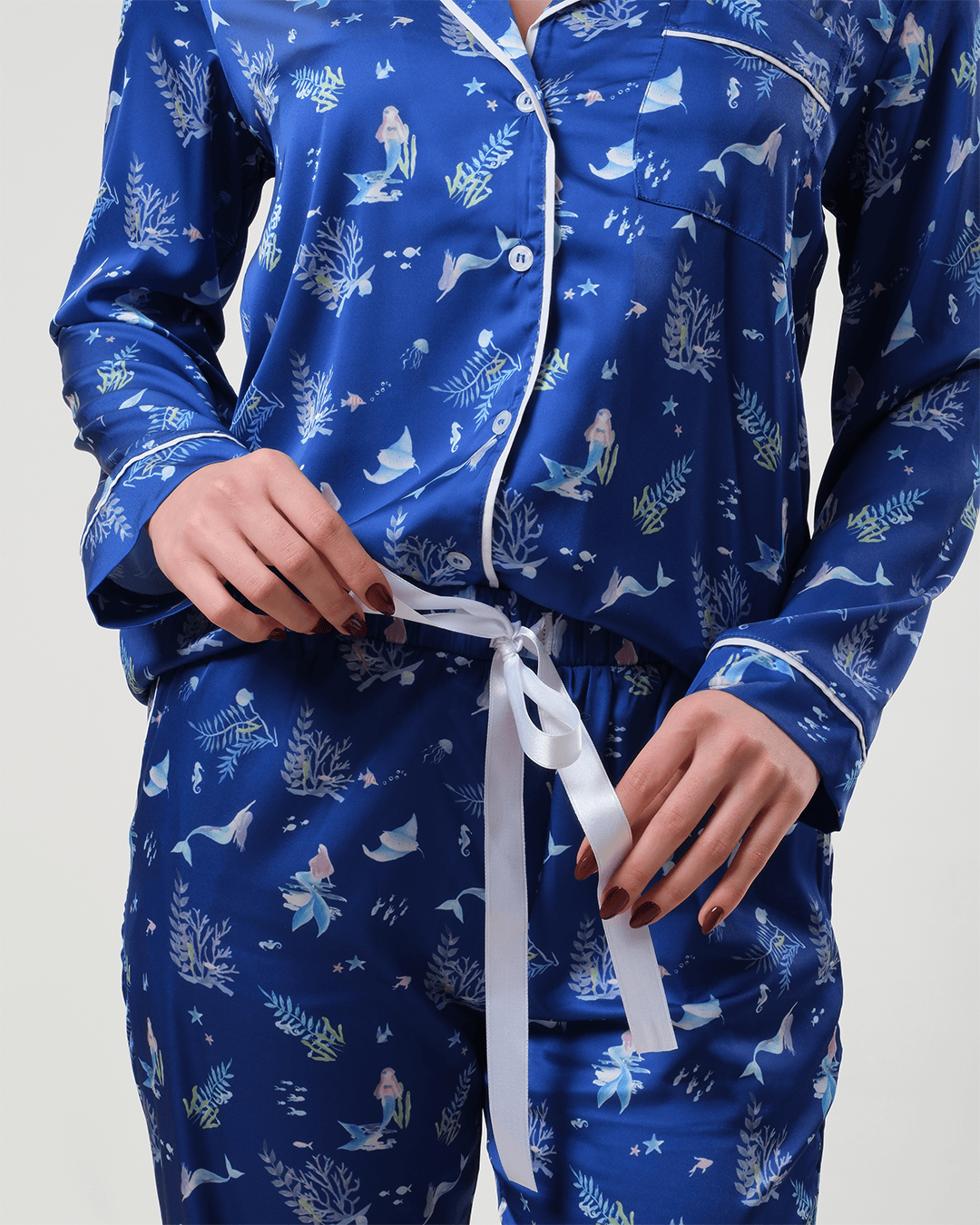 Deniz Kızı Temalı Gömlek Düğmeli Pijama Takımı - Uzun