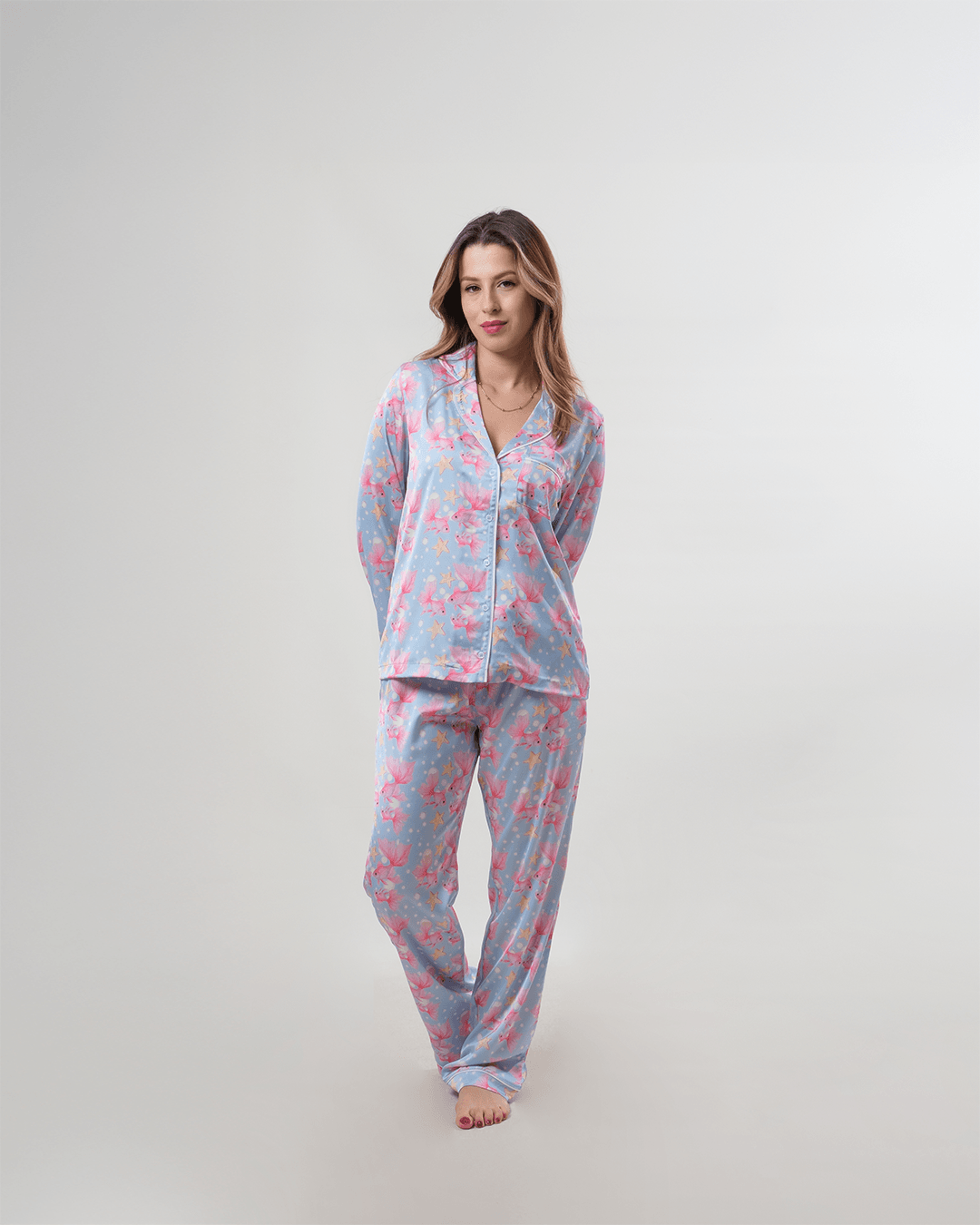 Balık Desenli Gömlek Düğmeli Pijama Takımı - Uzun