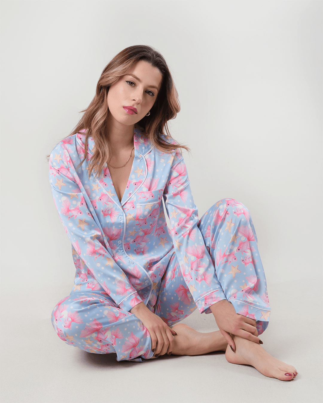 Balık Desenli Gömlek Düğmeli Pijama Takımı - Uzun