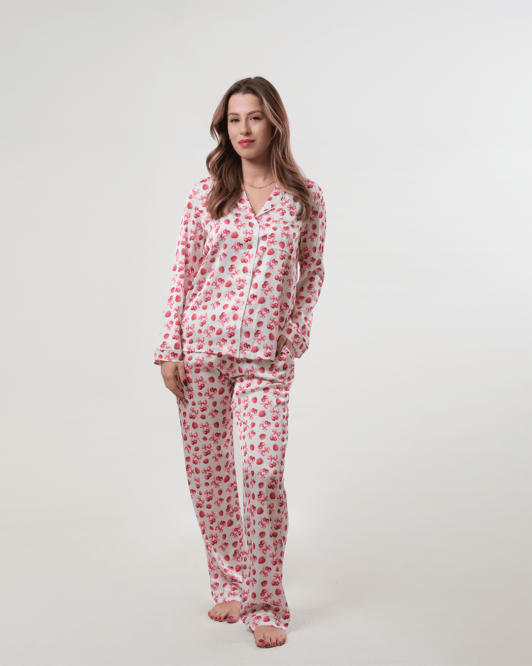 Kiraz Desenli Gömlek Düğmeli Pijama Takımı - Uzun