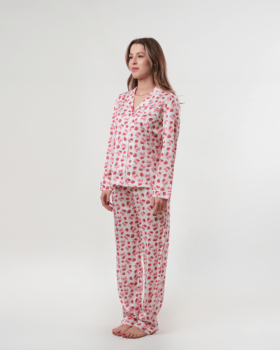 Kiraz Desenli Gömlek Düğmeli Pijama Takımı