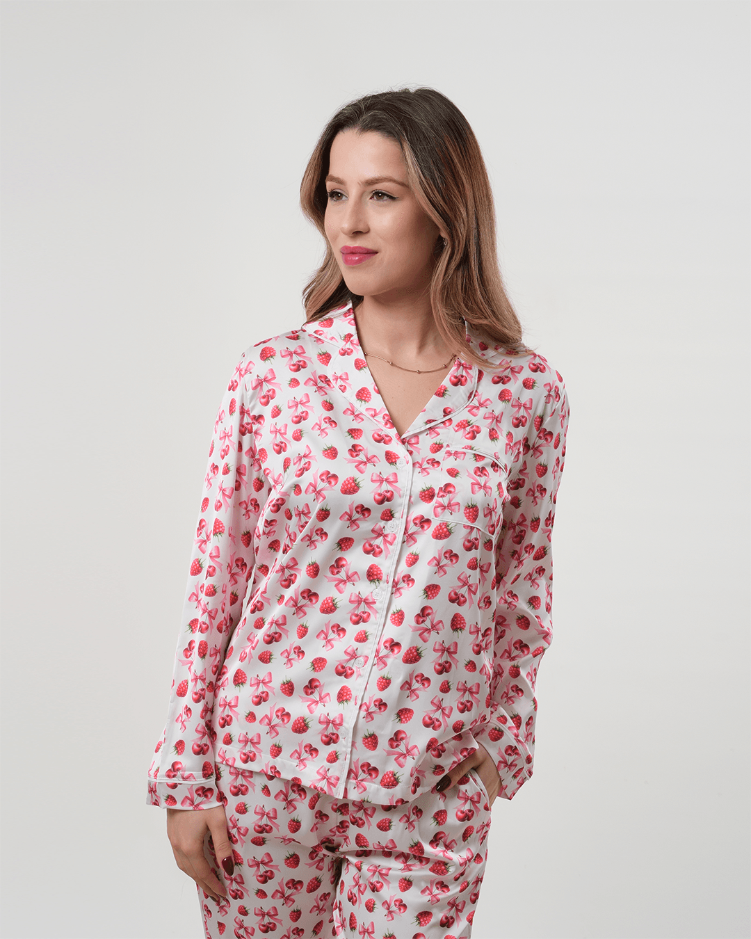 Kiraz Desenli Gömlek Düğmeli Pijama Takımı