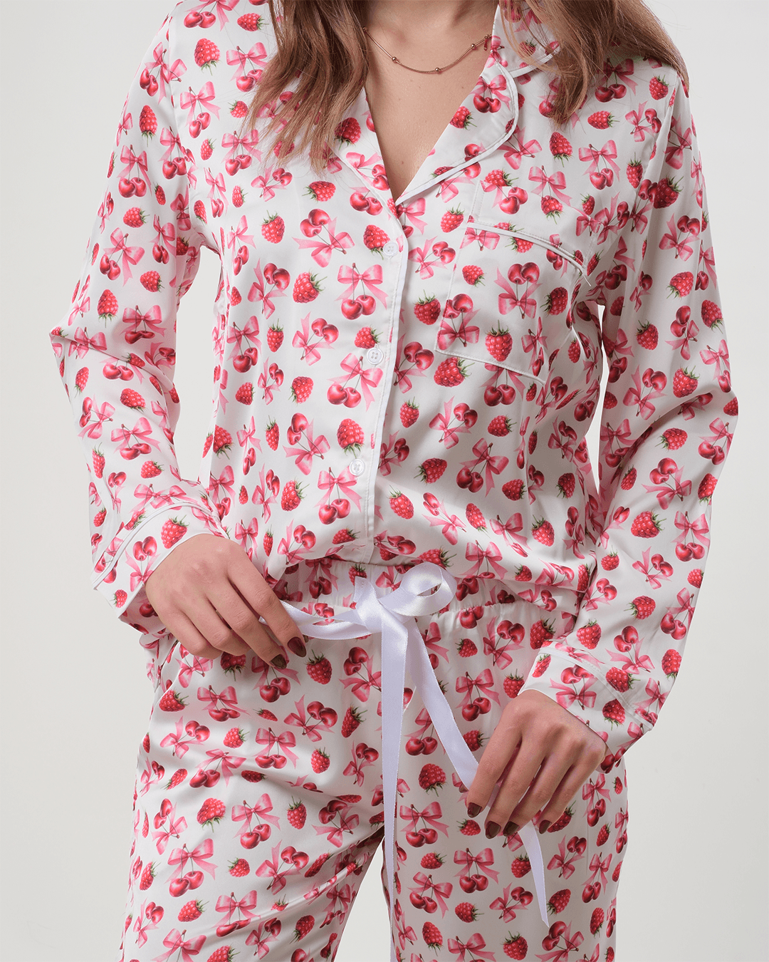 Kiraz Desenli Gömlek Düğmeli Pijama Takımı