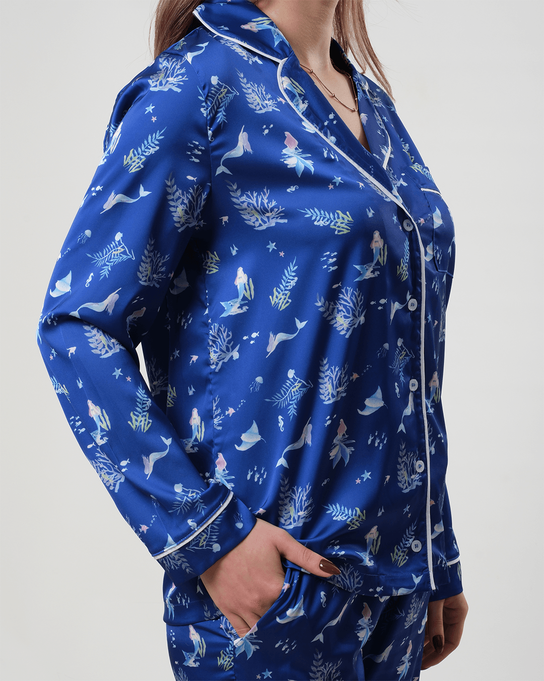 Deniz Kızı Temalı Gömlek Düğmeli Pijama Takımı - Uzun