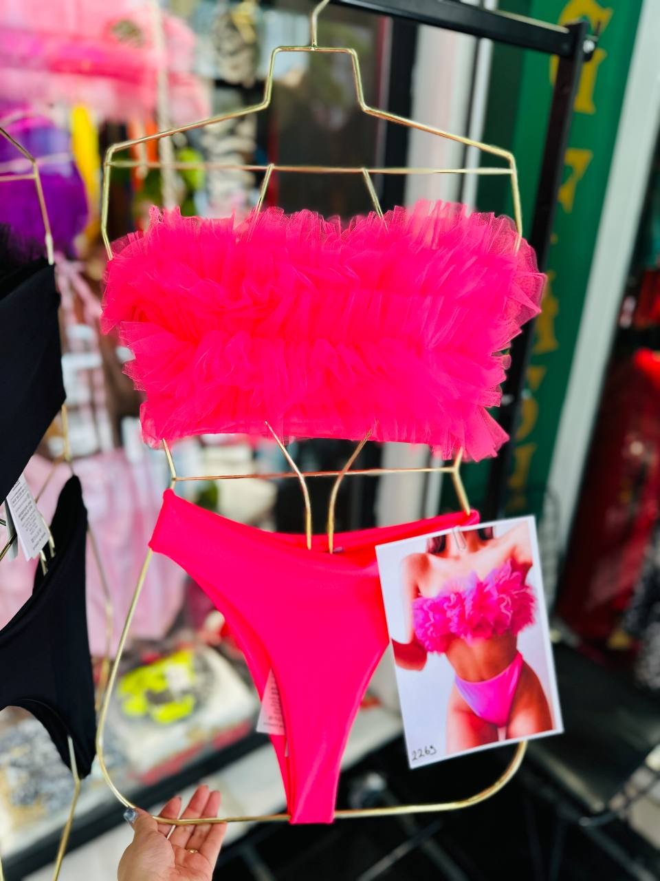 Tüylü Straplez Bikini Takımı - Pembe