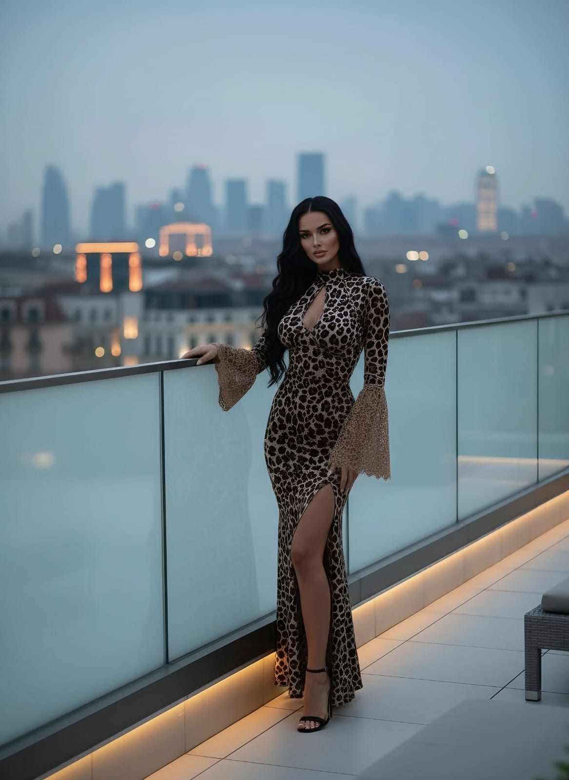 Mikro kumaş dijital baskı maxi boy elbise