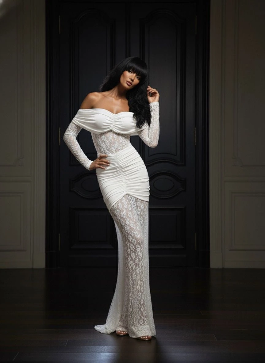 Dantel detaylı astarlı licralı maxi elbise - Beyaz