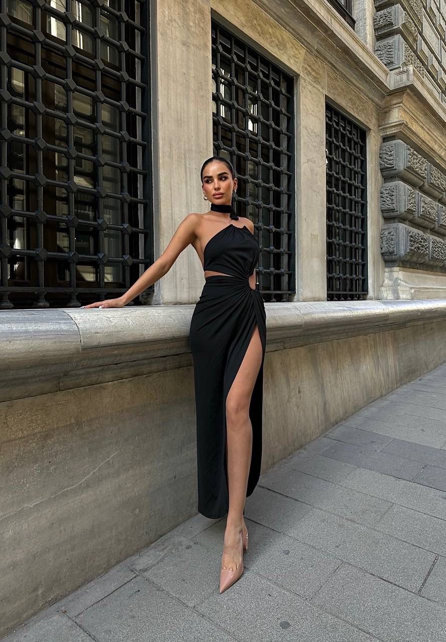 Maxi boy metal aksesuarlı elbise