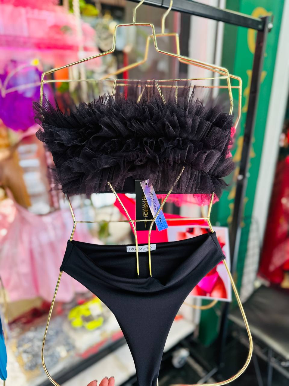 Tüylü Straplez Bikini Takımı - Siyah