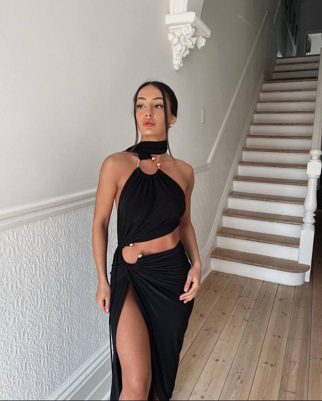 Maxi boy metal aksesuarlı elbise