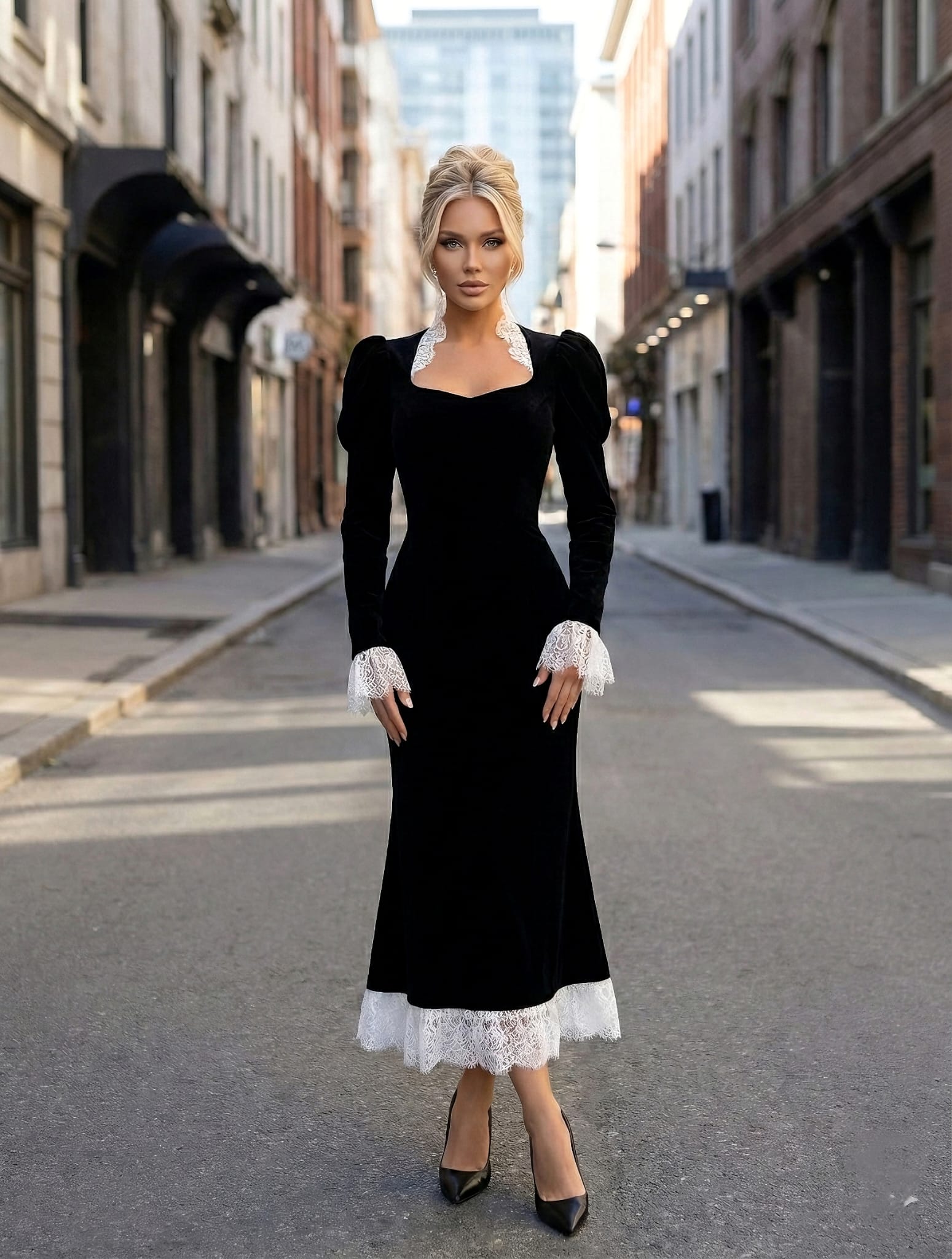 Kadife kumaş güpür detaylı elbise 