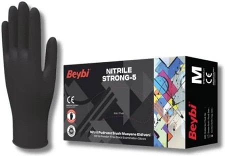 Beybi Strong-5 Pudrasız Siyah Nitril Muayene Eldiveni (100'lük Kutu) - Medium