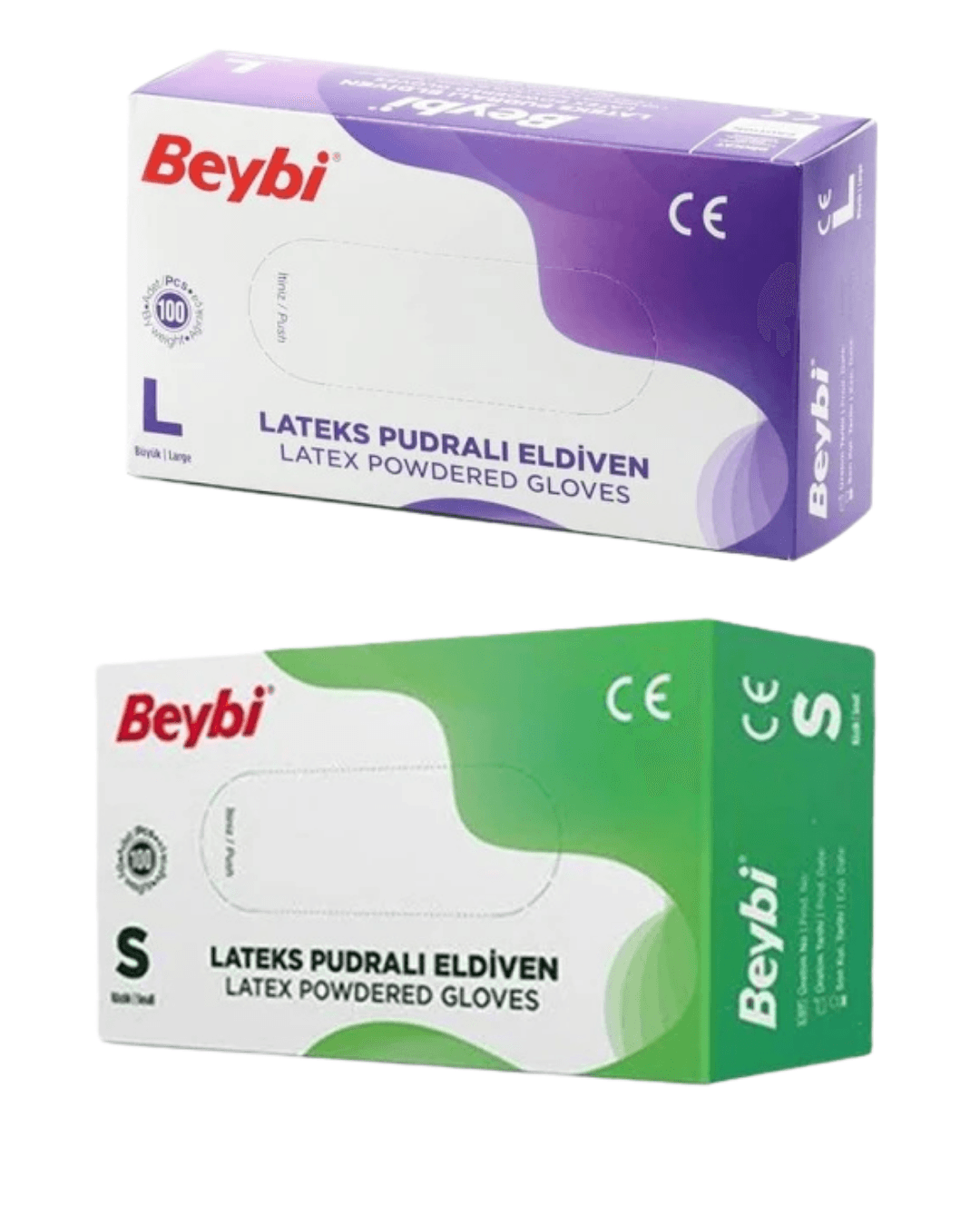  Beybi Lateks Pudralı Eldiven Small 100'lü +  Beybi Lateks Pudralı Eldiven Large 100'lü 2'Li Paket