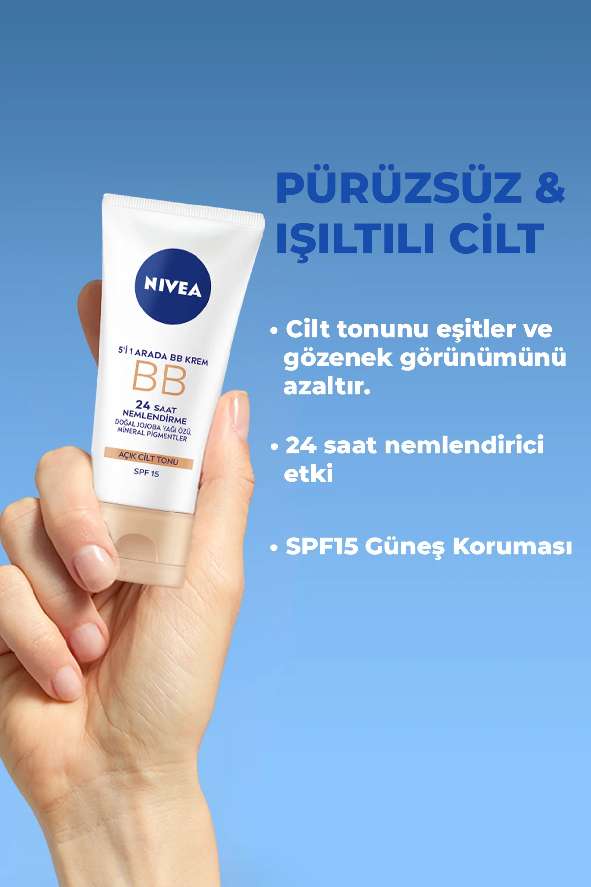Nivea Nemlendirici BB Krem 50ml, Cilt Tonu Eşitleyici, SPF15 Güneş Koruyucu, Gözenek Görünümü, Açık Ton