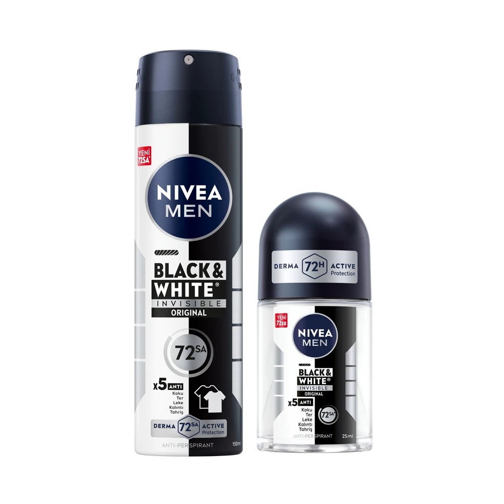 Nivea Men Erkek Sprey Deodorant Black&White Invisible Original 150ml ve Mini Roll-on 25ml