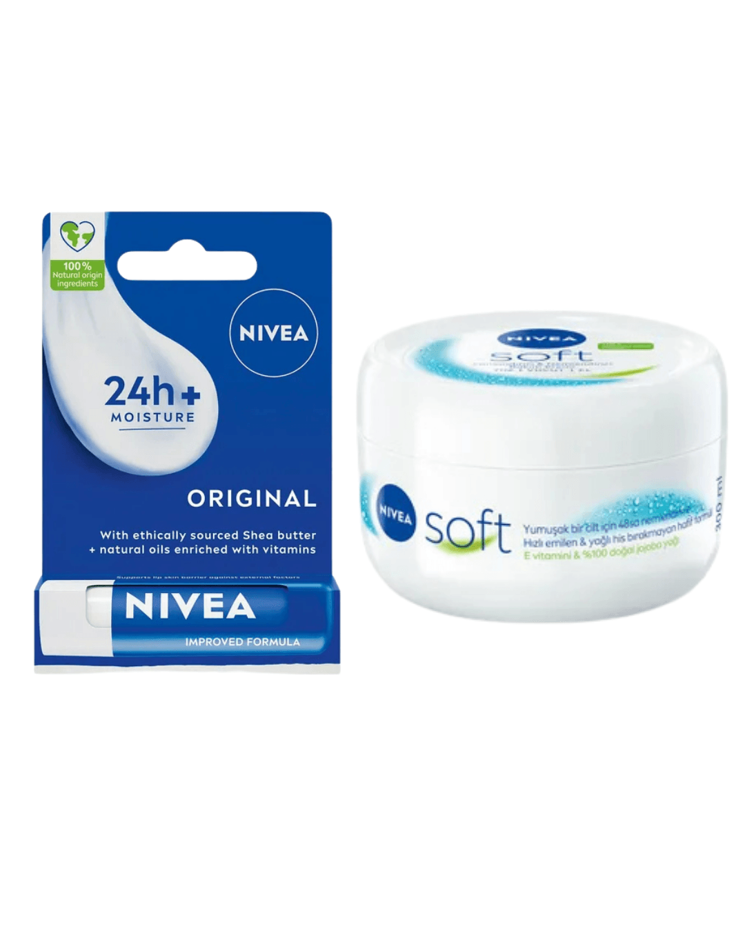 Nivea Original Care Renksiz Dudak Bakım Kremi 4.8gr ve Soft Nemlendirici Bakım Kremi 300ml, El Yüz Vücut