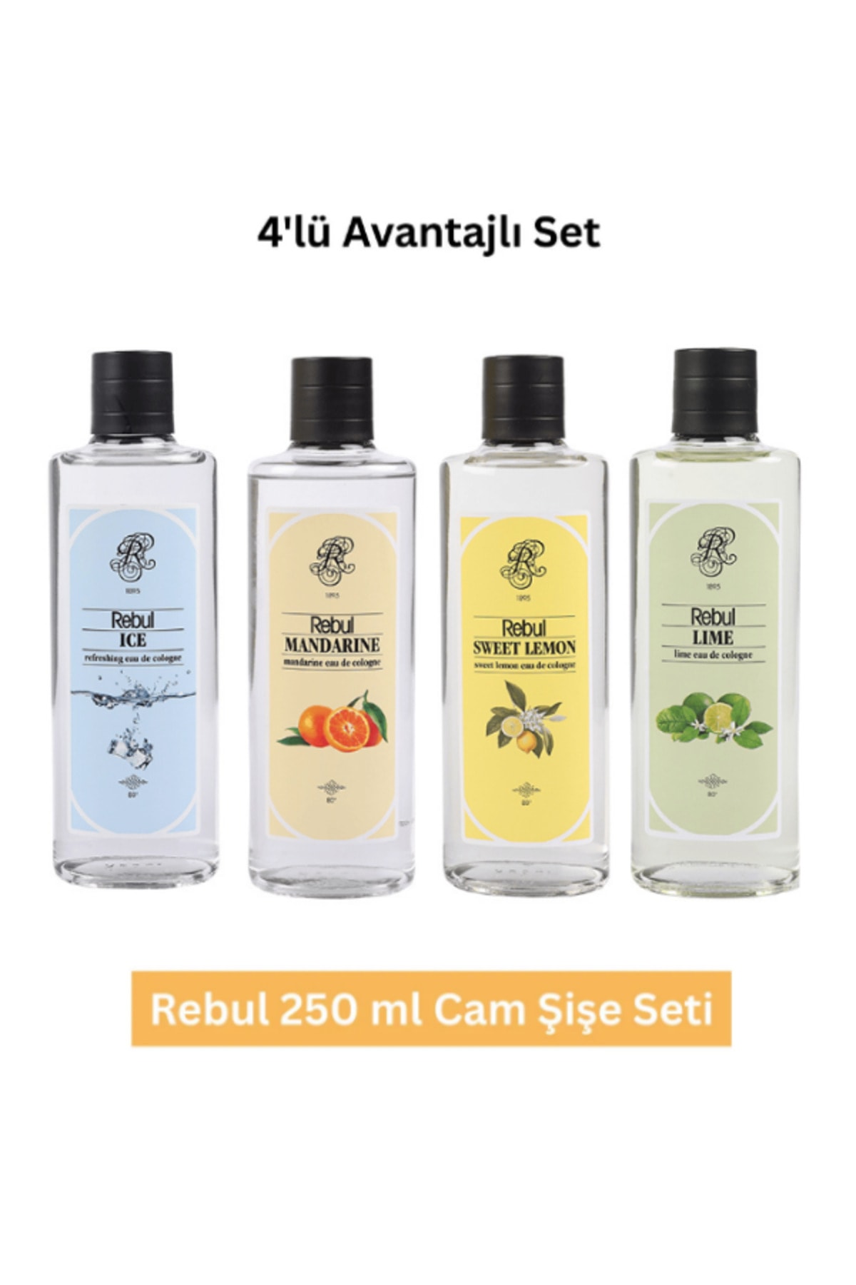 Rebul 250 ml Cam Şişe Kolonya Seti – Ice, Mandarine, Sweet Lemon, Lime