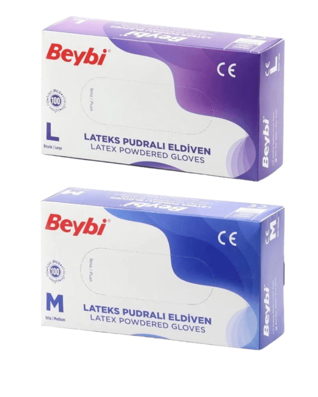 Beybi Lateks Pudralı Eldiven Large 100'lü + Beybi Lateks Pudralı Eldiven Medium 100`lü 2'li Paket 