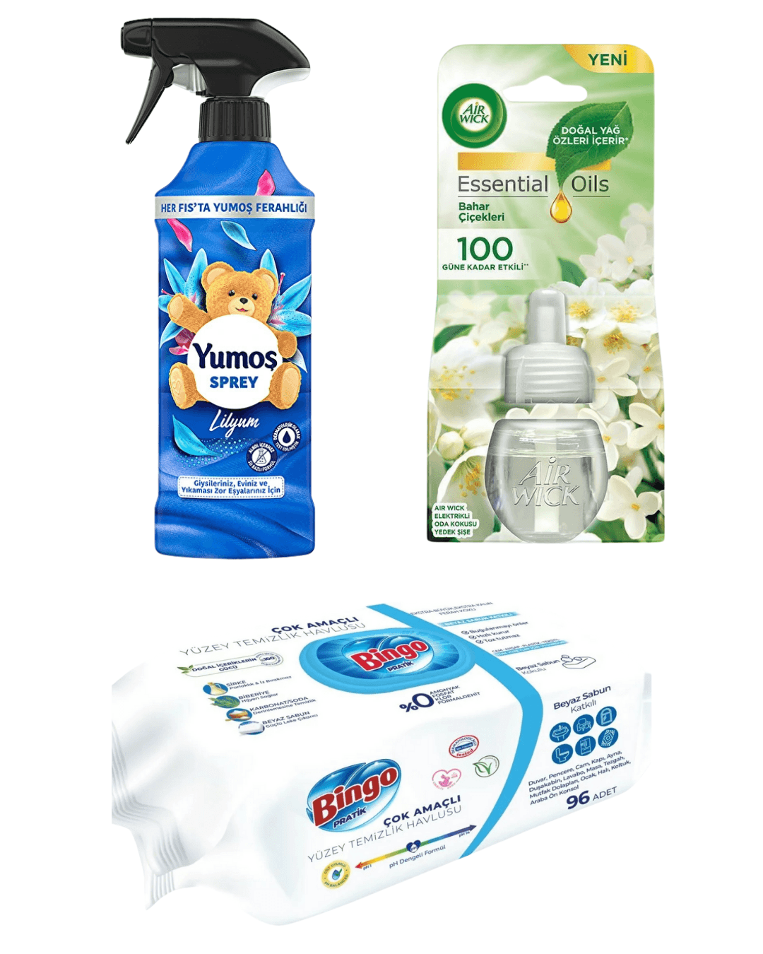 Yumoş Lilyum Spreyi 450 ml + Bingo Beyaz Sabun Katkılı Yüzey Temizlik Havlusu 96 Yaprak + Air Wick Elektrikli Oda Kokusu Bahar Çiçekleri 3'Lü Temizlik Seti