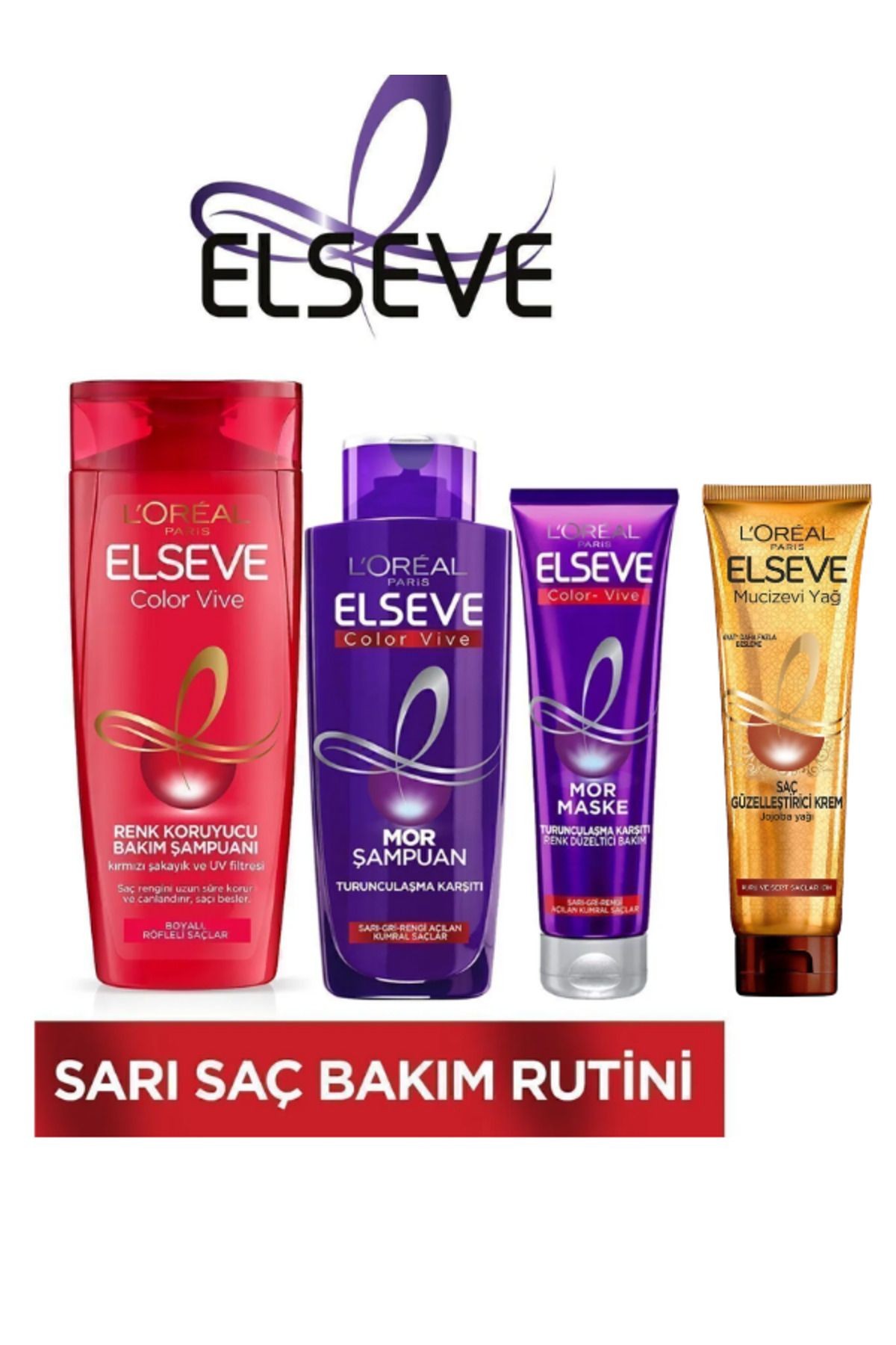 Loreal Elseve Renk Koruyucu Şampuan 360 ml & Mor Şampuan 200 ml &Mor Maske &Saç Güzelleştirici Krem 150ml