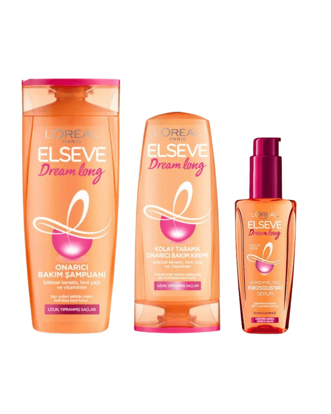 Loreal Elseve Dream Long Onarıcı Bakım Şampuanı 360ml & Saç Bakım Kremi 360ml & Mükemmel Düz Pürüzsüzleştici Serum